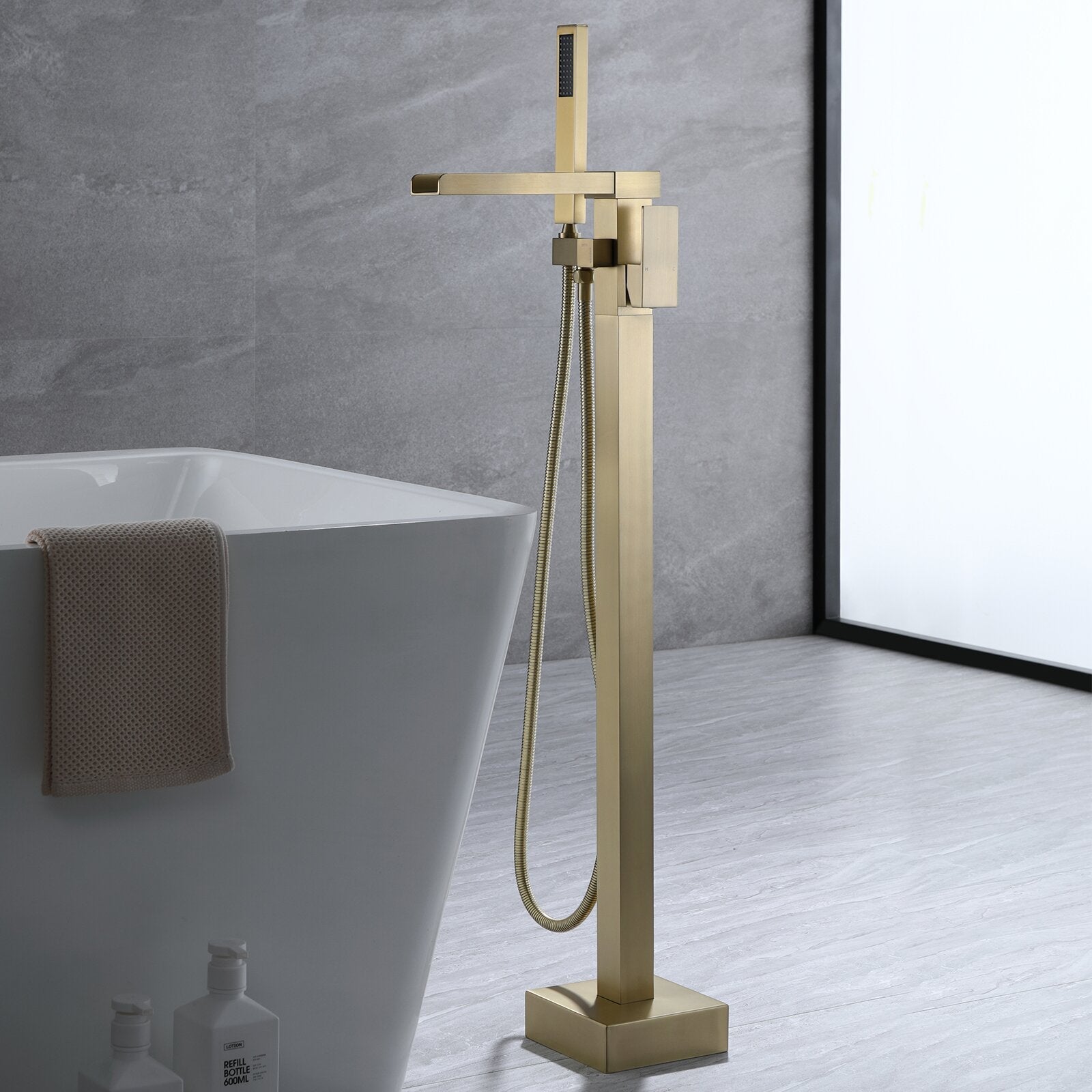 Yonoly Single Handle Freestanding Tub Filler with Handheld in Brush Gold
