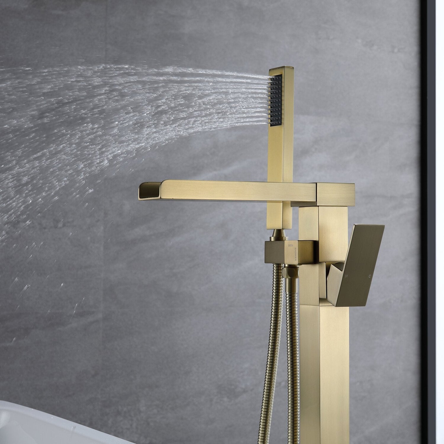 Yonoly Single Handle Freestanding Tub Filler with Handheld in Brush Gold