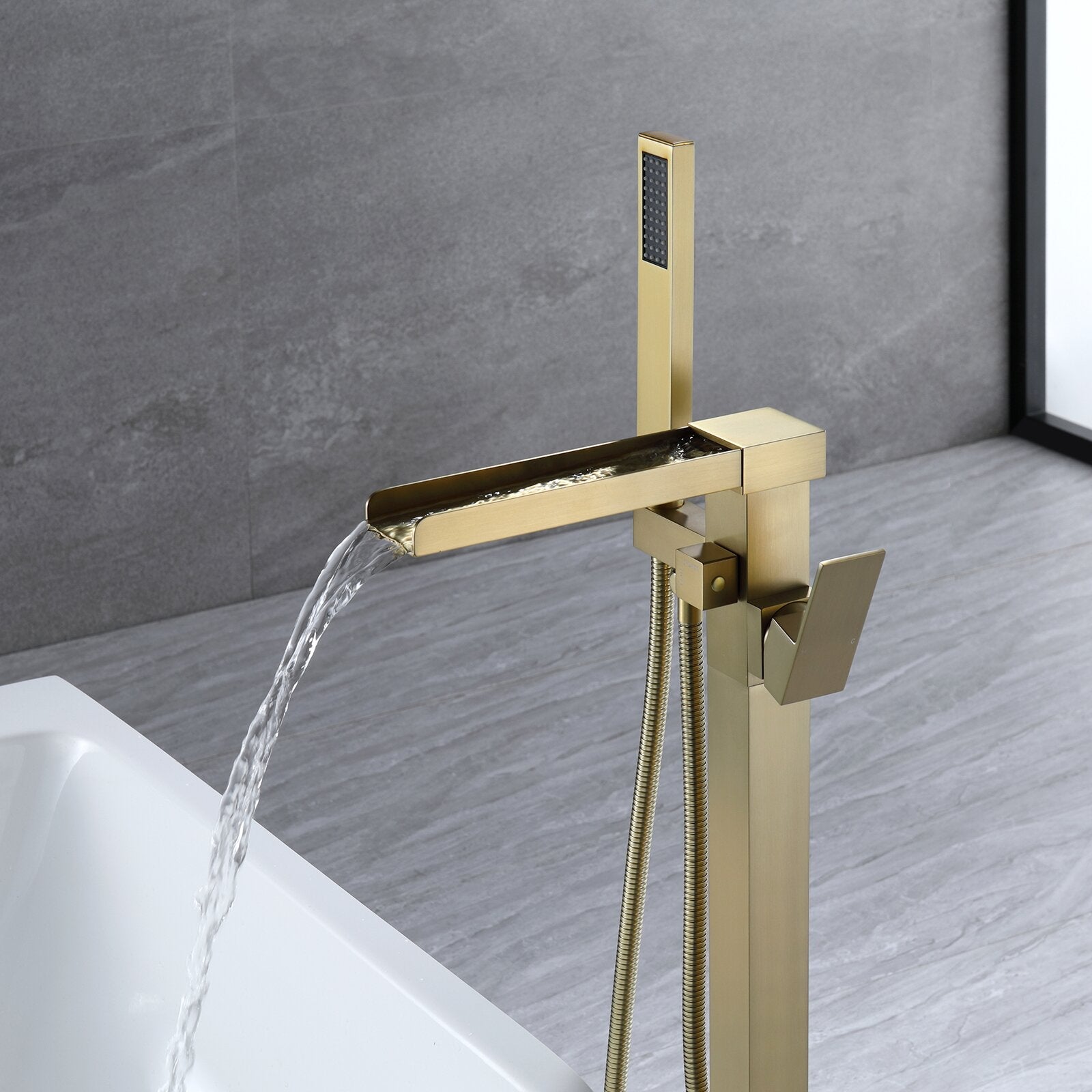Yonoly Single Handle Freestanding Tub Filler with Handheld in Brush Gold