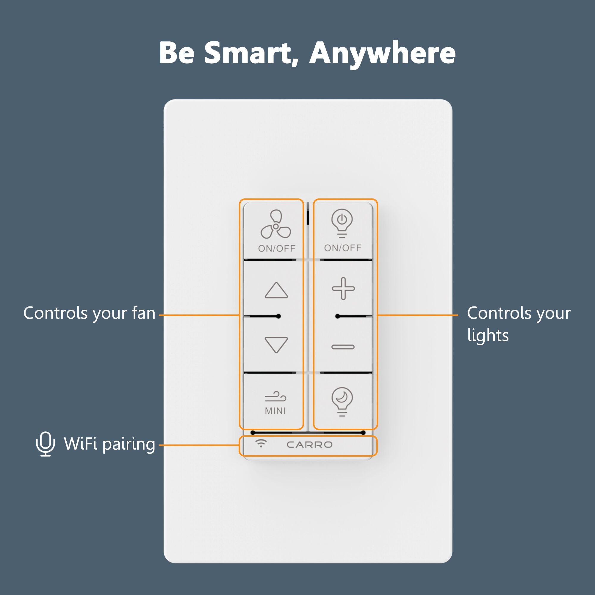 Carro Home Ceiling Fan Smart Switch. Turn your existing AC ceiling fan into a smart device with our universal smart switch. Carro Home smart switch can replace any existing wall switches for your AC ceiling fans. Gentle Light Dimmer functions will provide comfortable ambience. Carro Locus Smart Switch features in-wall compact design with white plate and modern clean lines, perfect for any décor. ETL and FCC Certified. Designed in California.