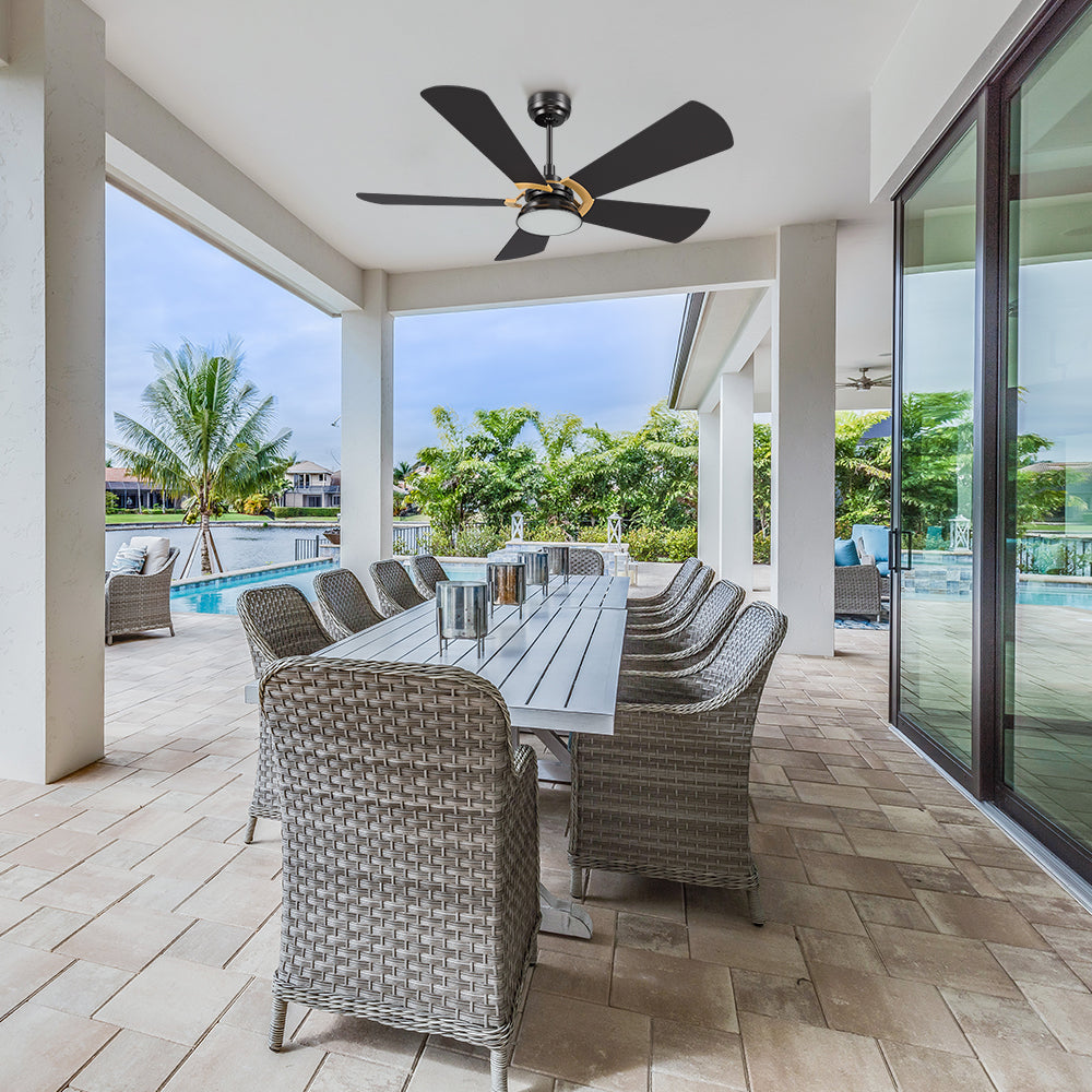 This smafan wet-rated outdoor ceiling fan features a 52-inch blade span and a remote control for easy operation in any outdoor space.