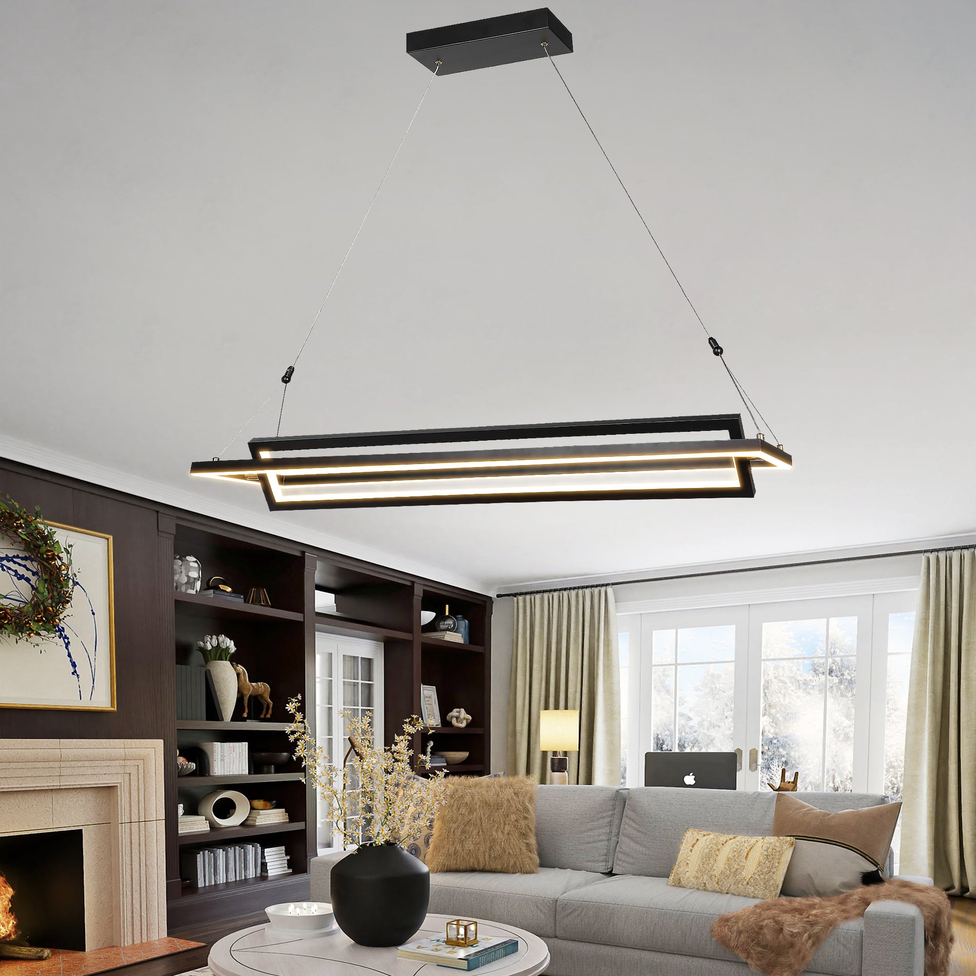 Smafan Bristol Contemporary America Modern/Industrial/Vintage LED Rectangle Pendant Light,this black light LED hanginig light with geometric integrated into the design,using two simple rectangles to outline the spiritual space,everywhere has a simple and extraordinary fashion sense.It is a good decor to your house by this rectangle pendant light fixture.It is specially designed to have a universal head,the frame can be folded and can be rotated 360°.