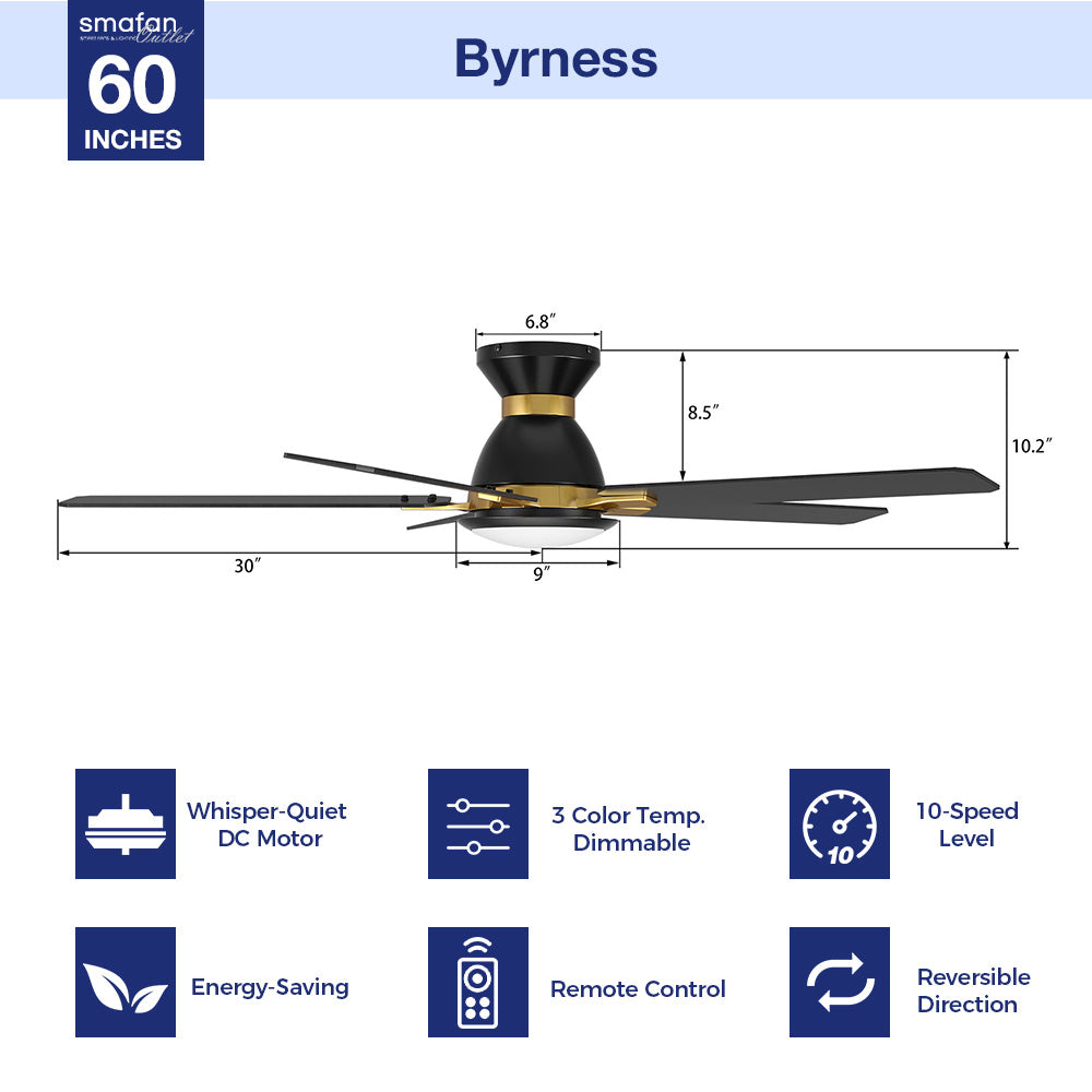 Sophistication, silence, and speed come together to create the revolutionary Byrness 52/60 inches modern ceiling fan. Equipped with the latest motor and lighting technology and designed to meet the latest design trends, the black and gold ceiling fan delivers the perfect amount of comfort and style to any space. Select from the bold black ceiling fan, ideal for eclectic rooms, or the simple white finish to complement any space with minimalist decor.