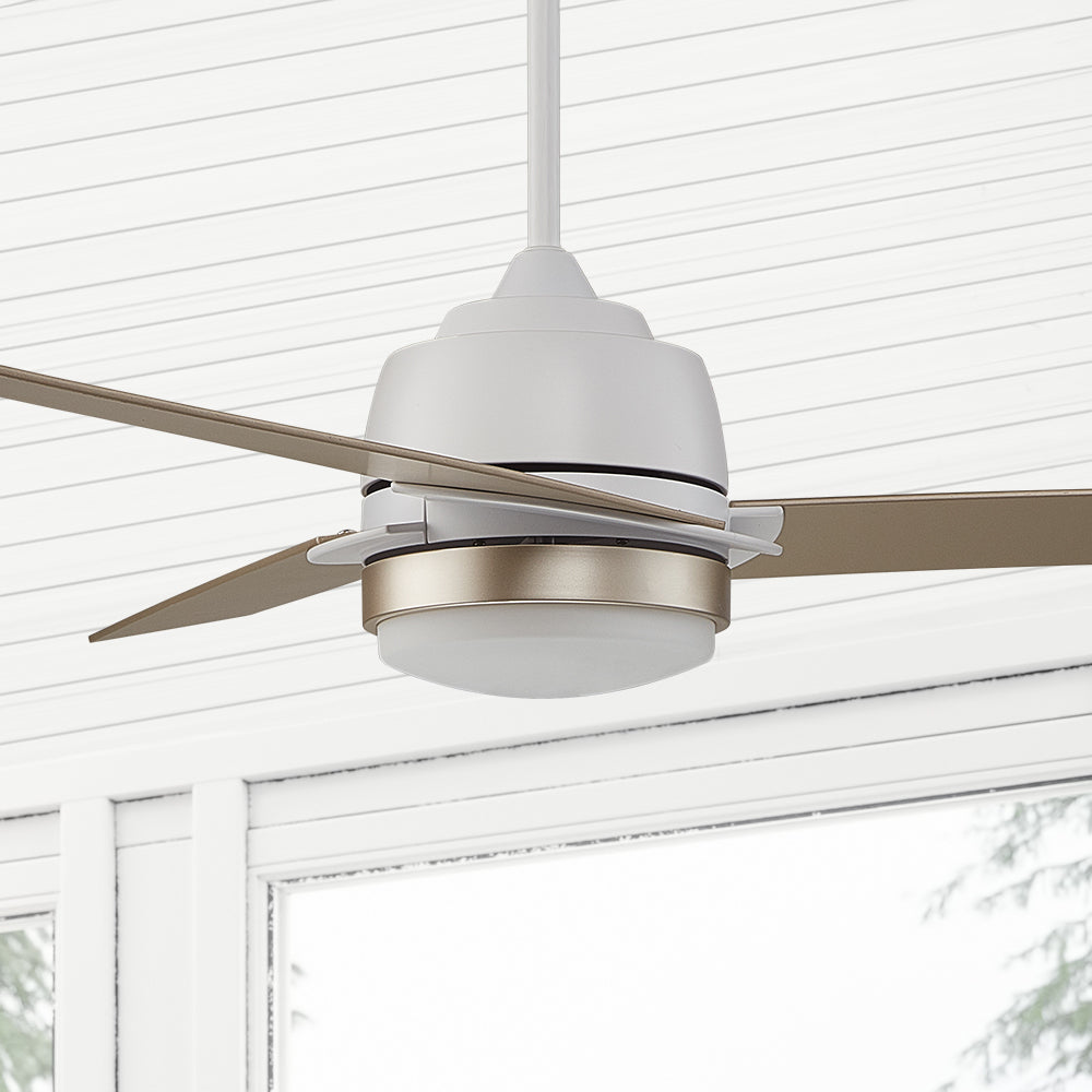 Carro 52 inch Addison indoor ceiling fan with sleek squared blades, a light cover and 6 inch downrod.