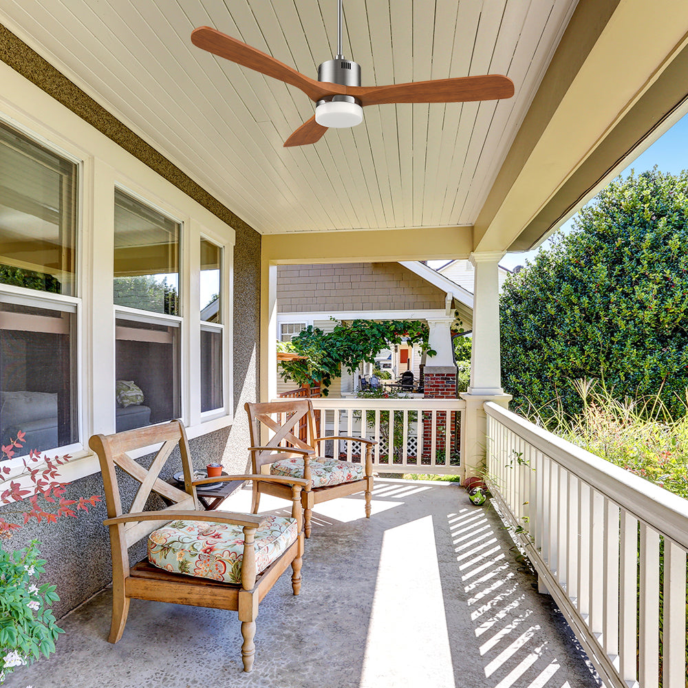 This Eton low-profile outdoor ceiling fan features a reversible motor and smart home functions, making it a versatile and stylish addition to any outdoor living area