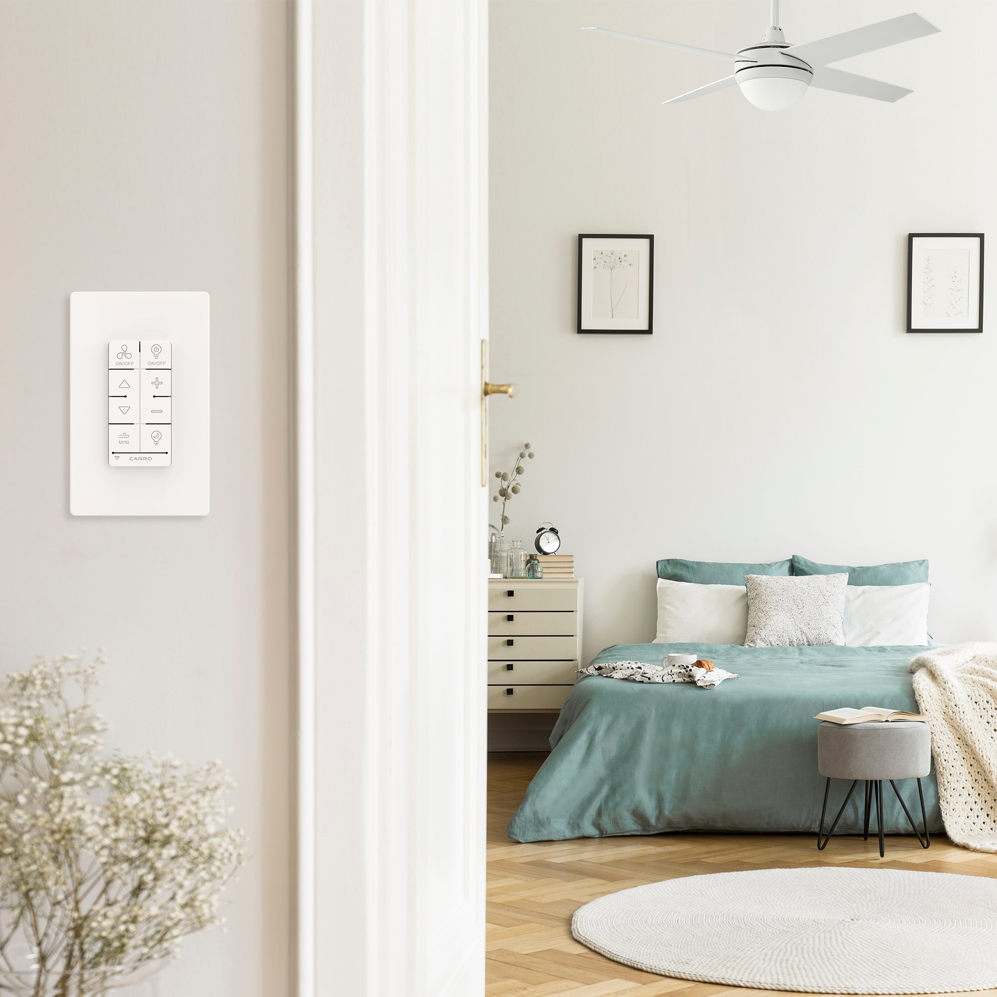 Carro Home Ceiling Fan Smart Switch. Turn your existing AC ceiling fan into a smart device with our universal smart switch. Carro Home smart switch can replace any existing wall switches for your AC ceiling fans. Gentle Light Dimmer functions will provide comfortable ambience. Carro Locus Smart Switch features in-wall compact design with white plate and modern clean lines, perfect for any décor. ETL and FCC Certified. Designed in California.
