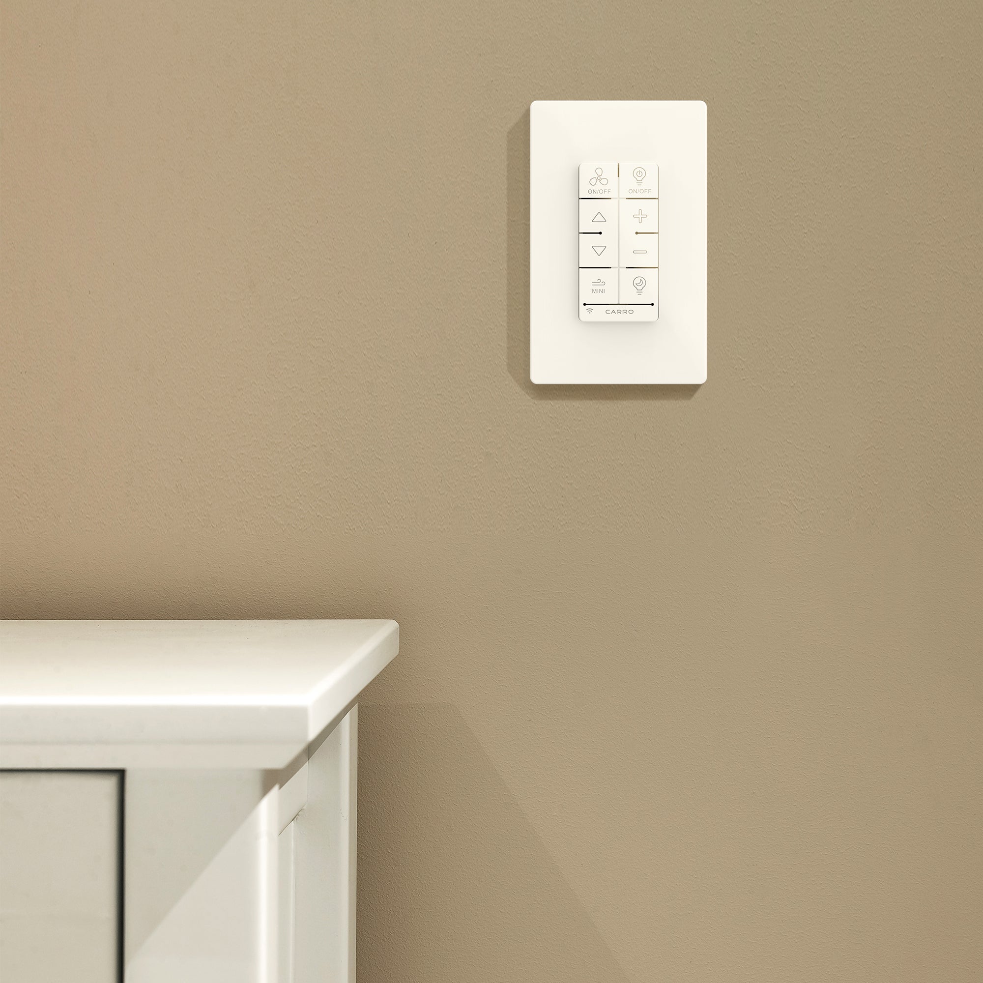 Carro Home Ceiling Fan Smart Switch. Turn your existing AC ceiling fan into a smart device with our universal smart switch. Carro Home smart switch can replace any existing wall switches for your AC ceiling fans. Gentle Light Dimmer functions will provide comfortable ambience. Carro Locus Smart Switch features in-wall compact design with white plate and modern clean lines, perfect for any décor. ETL and FCC Certified. Designed in California.