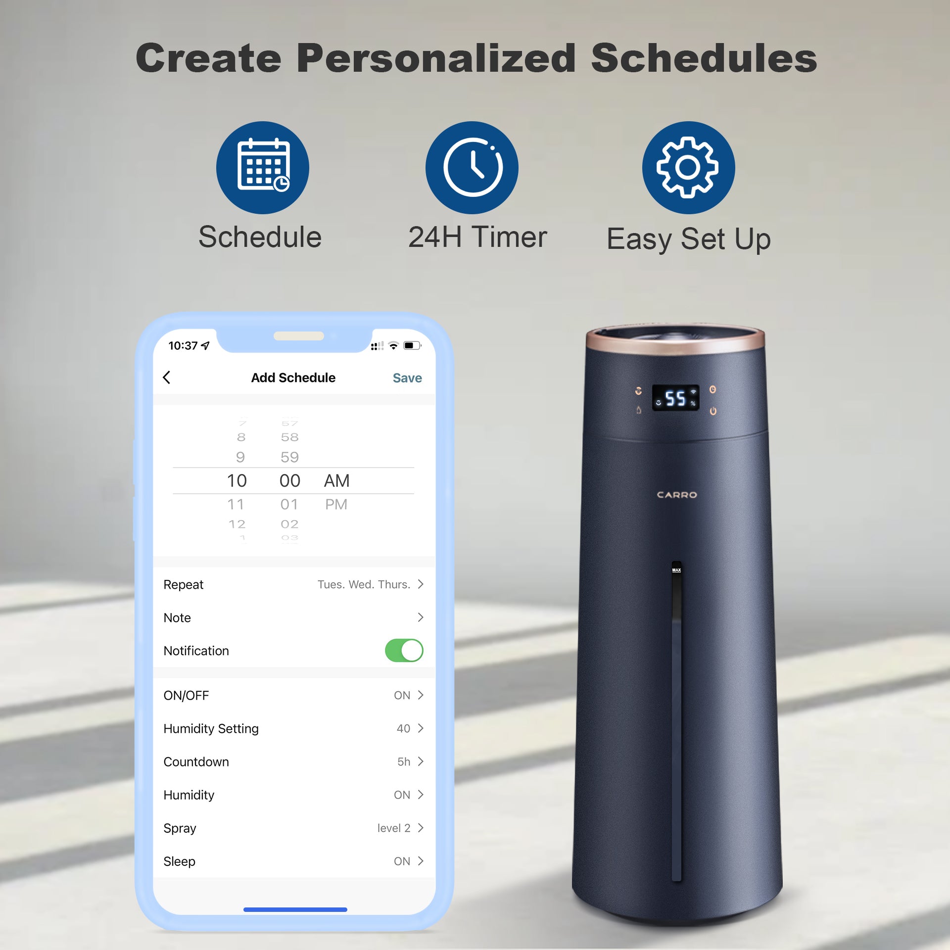 The humidifier features Wi-Fi apps, Siri Shortcut and Voice control technology (compatible with Amazon Alexa and Google Home Assistant ) to set humidity preferences.Carro humidifier helps create better interior environment with more relief and comfort ,for those suffering from colds, allergies and dry skin.