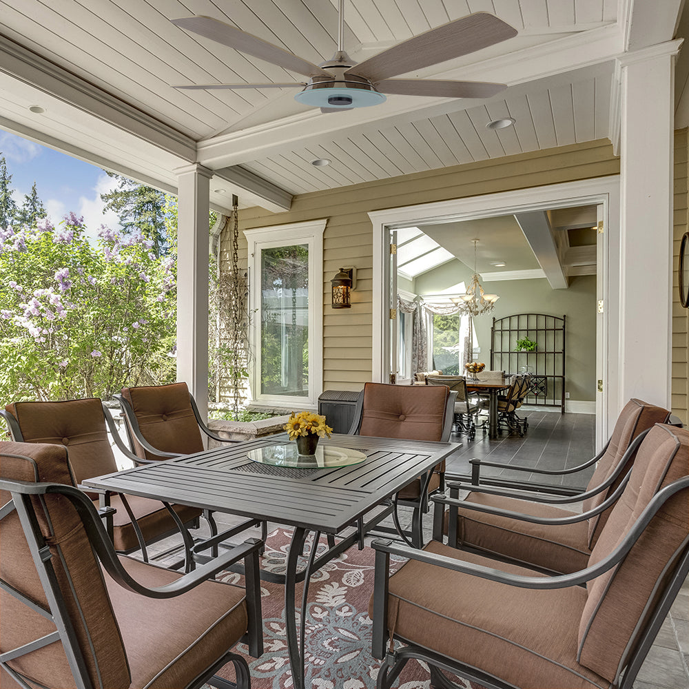 Smafan Striker 56 inch outdoor ceiling fan with silver fan blades design, and an 6/12 in extended rod, mounting in a outdoor patio.