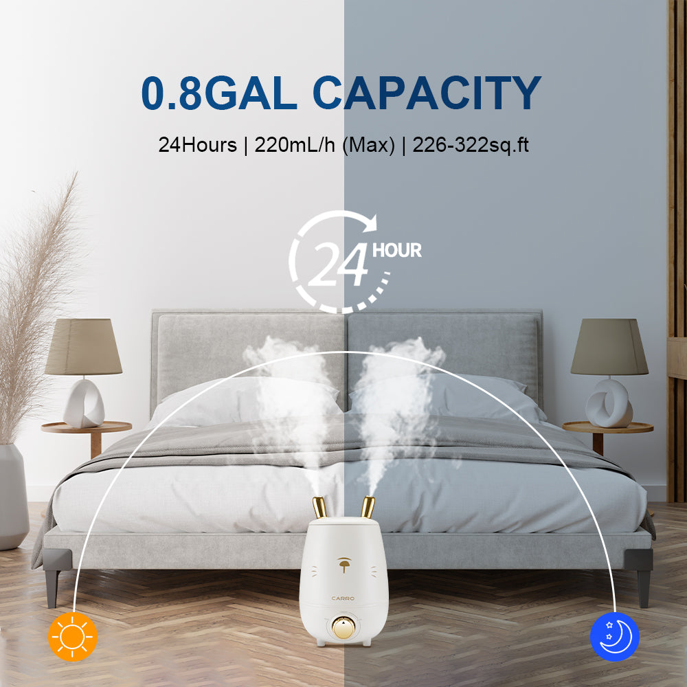 The humidifier is equipped with double lovely bunny-ear-shape Atomization Outlets and variable mist control rotary switch. A low water indicator light lets you know when it&