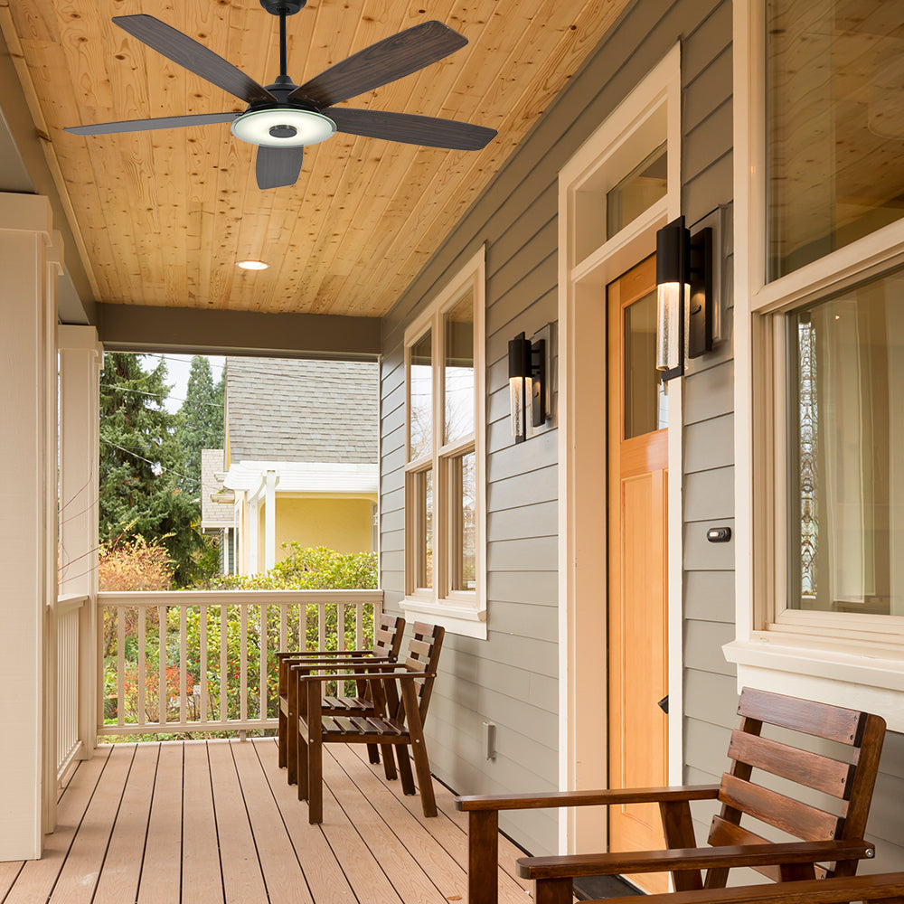 Carro Striker 52 inch outdoor ceiling fan with 5 dark wood fan blades design, installed in outdoor courtyard.