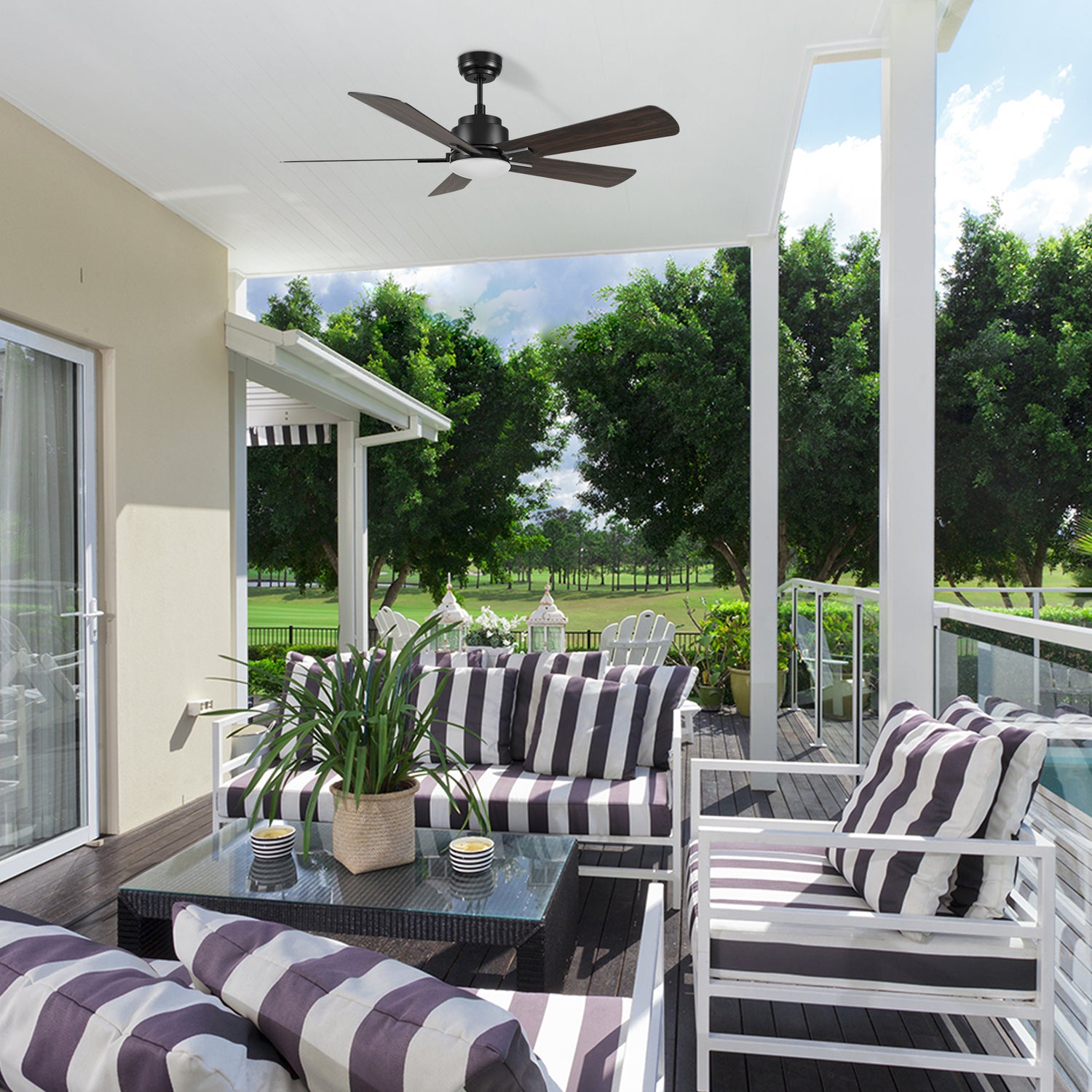 Elevate the look of your outdoor living space with this stylish and modern smart ceiling fan with 5 blades, remote control enable.