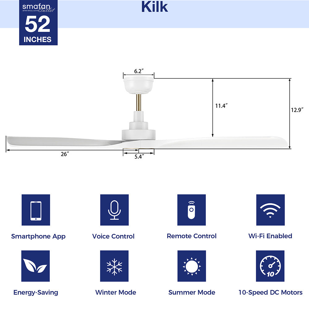 This Kilkeel 52" smart ceiling fan keeps your space cool, bright, and stylish. It is a soft modern masterpiece perfect for your large indoor living spaces. This Wifi smart ceiling fan is a simplicity designing with White finish, use very strong ABS blades. The fan features Remote control, Wi-Fi apps, Siri Shortcut and Voice control technology (compatible with Amazon Alexa and Google Home Assistant ) to set fan preferences.