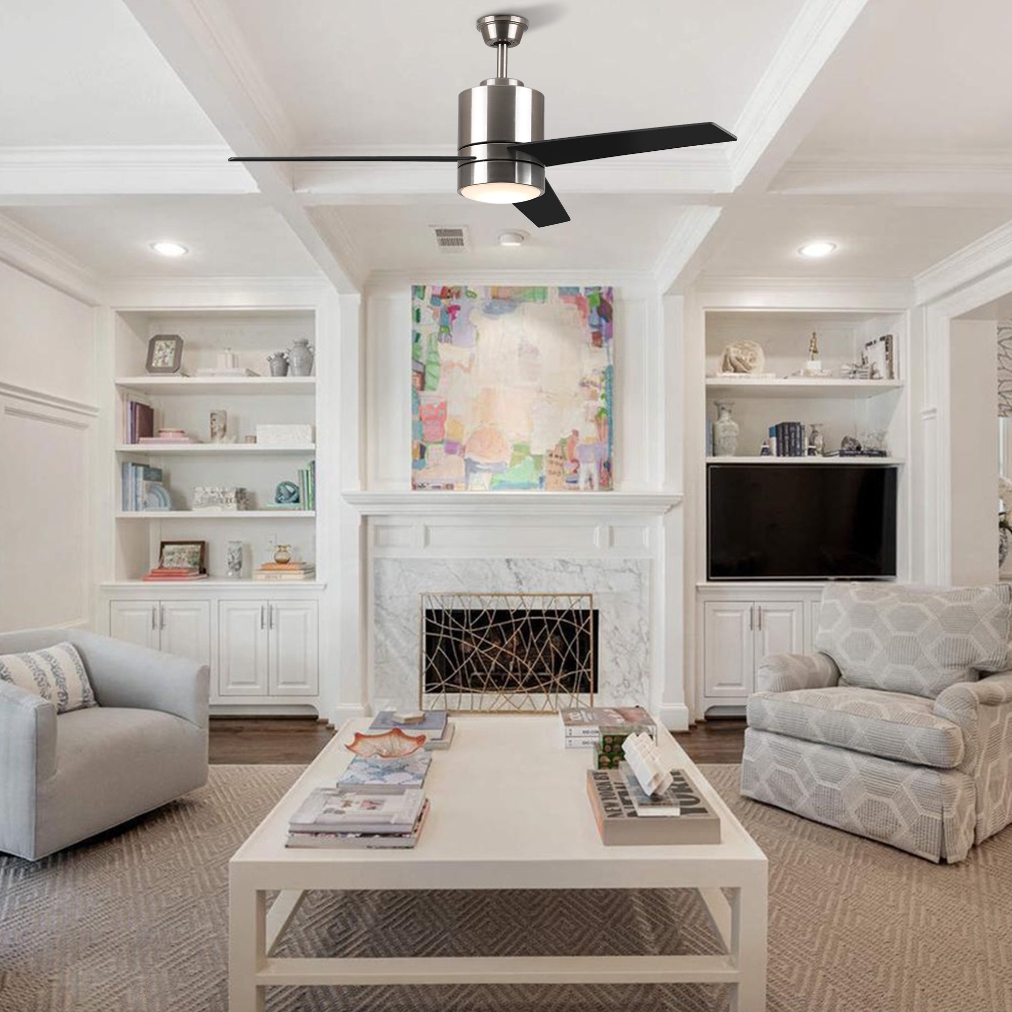 This Ranger Wifi smart ceiling fan is a simplicity designing with elegant Plywood reversible black and light wood blades and has an integrated 3000K LED warm light. The fan features wall control, Wi-Fi apps, Siri Shortcut and Voice control technology (compatible with Amazon Alexa and Google Home Assistant ) to set fan preferences.