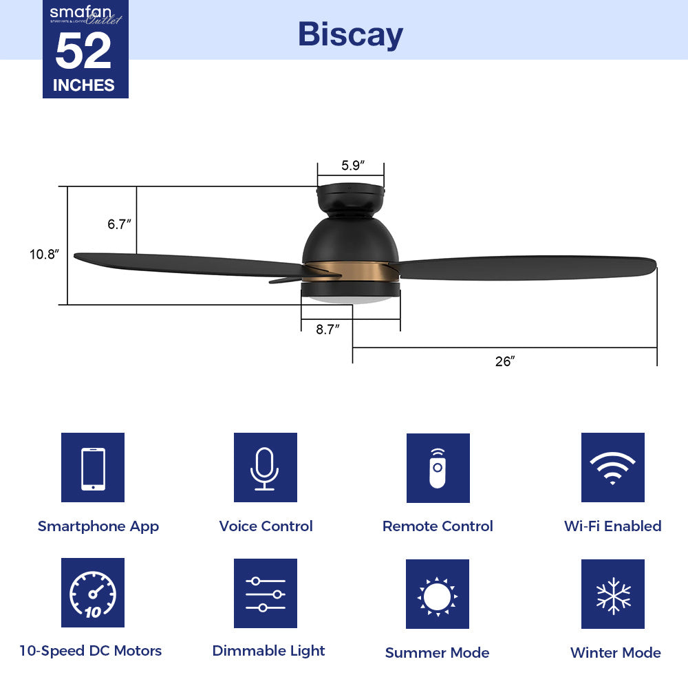 The Transform your home into a space of ultimate relaxation and comfort with the Smafan Biscay smart ceiling fan. The fan features a modern exterior with a sleek metal motor hub, elegantly burnished blades, and bold accents to blend seamlessly into contemporary décor. The fan’s interior is equipped with state-of-the-art motor and lighting equipment to create a comfortable environment in any space.