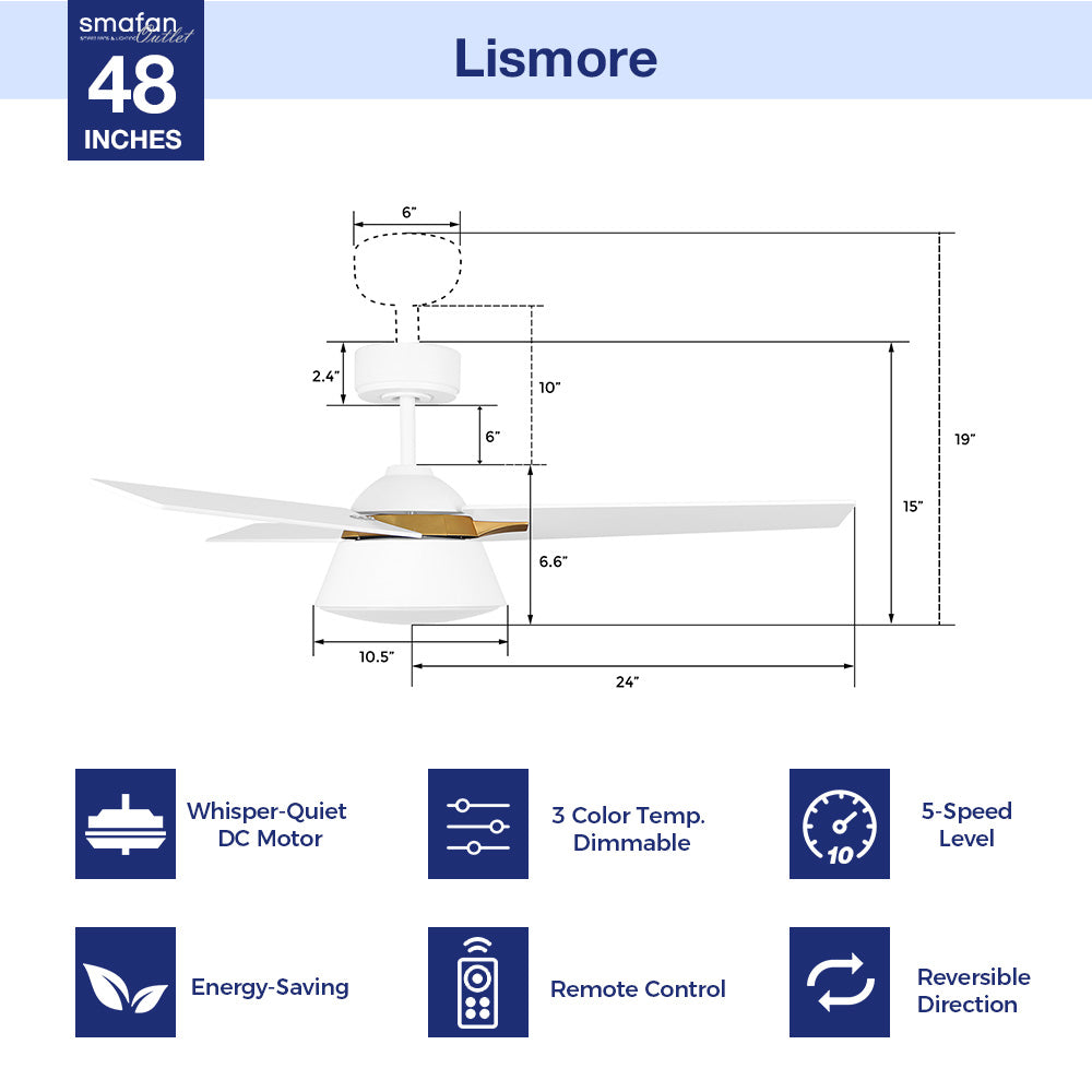 This Smafan Lismore 48" Ceiling Fan designed with long squared blades in a black finish, elegant gold accents, and a flushed light cover, the Smafan Lismore 48” ceiling fan is sure to elevate any room in your home.