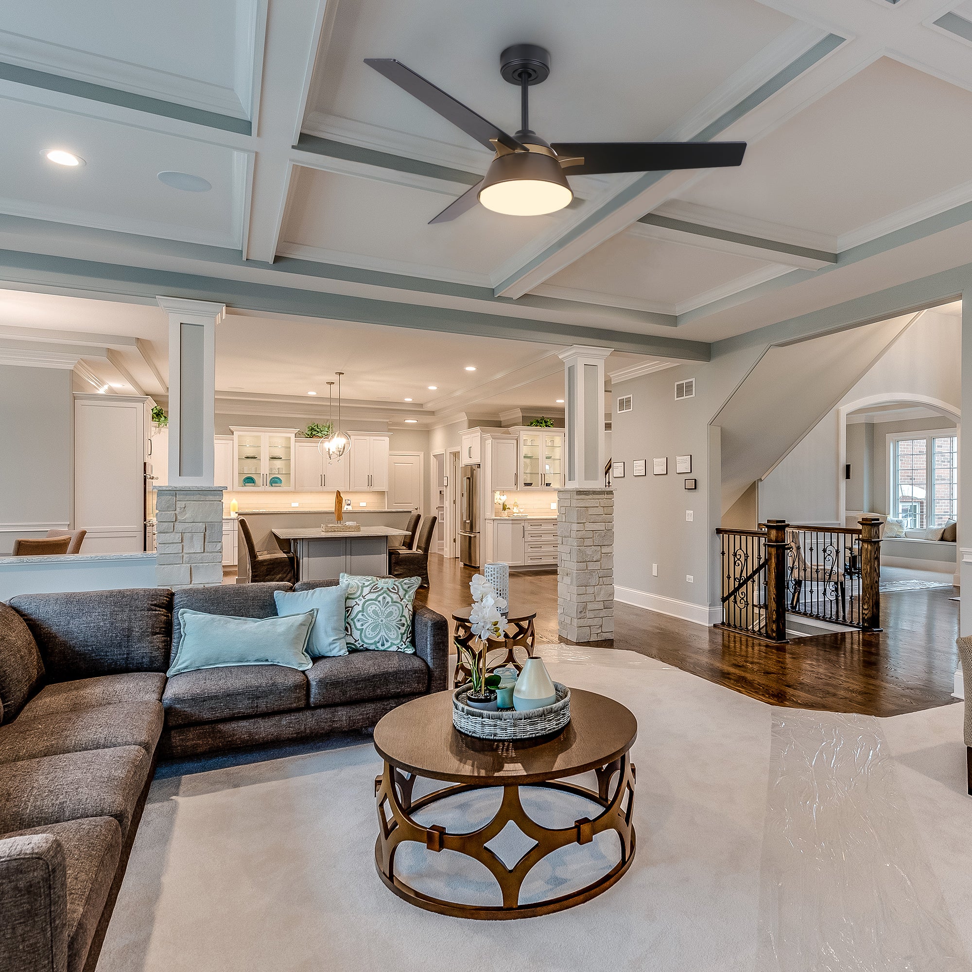 This Smafan Lismore 48" Ceiling Fan designed with long squared blades in a black finish, elegant gold accents, and a flushed light cover, the Smafan Lismore 48” ceiling fan is sure to elevate any room in your home.