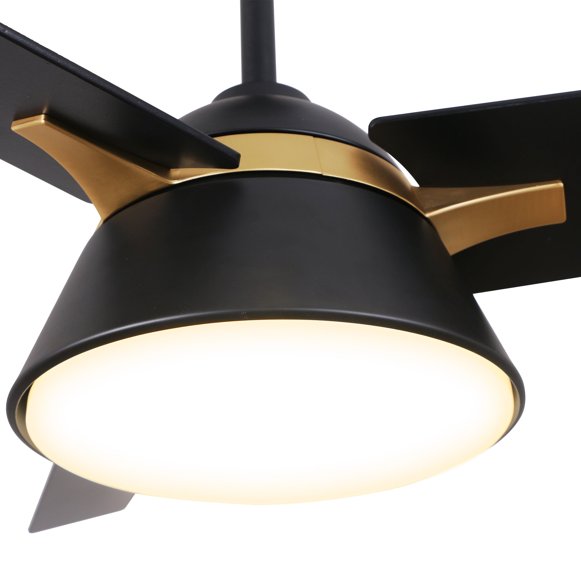 This Smafan Lismore 48" Ceiling Fan designed with long squared blades in a black finish, elegant gold accents, and a flushed light cover, the Smafan Lismore 48” ceiling fan is sure to elevate any room in your home.