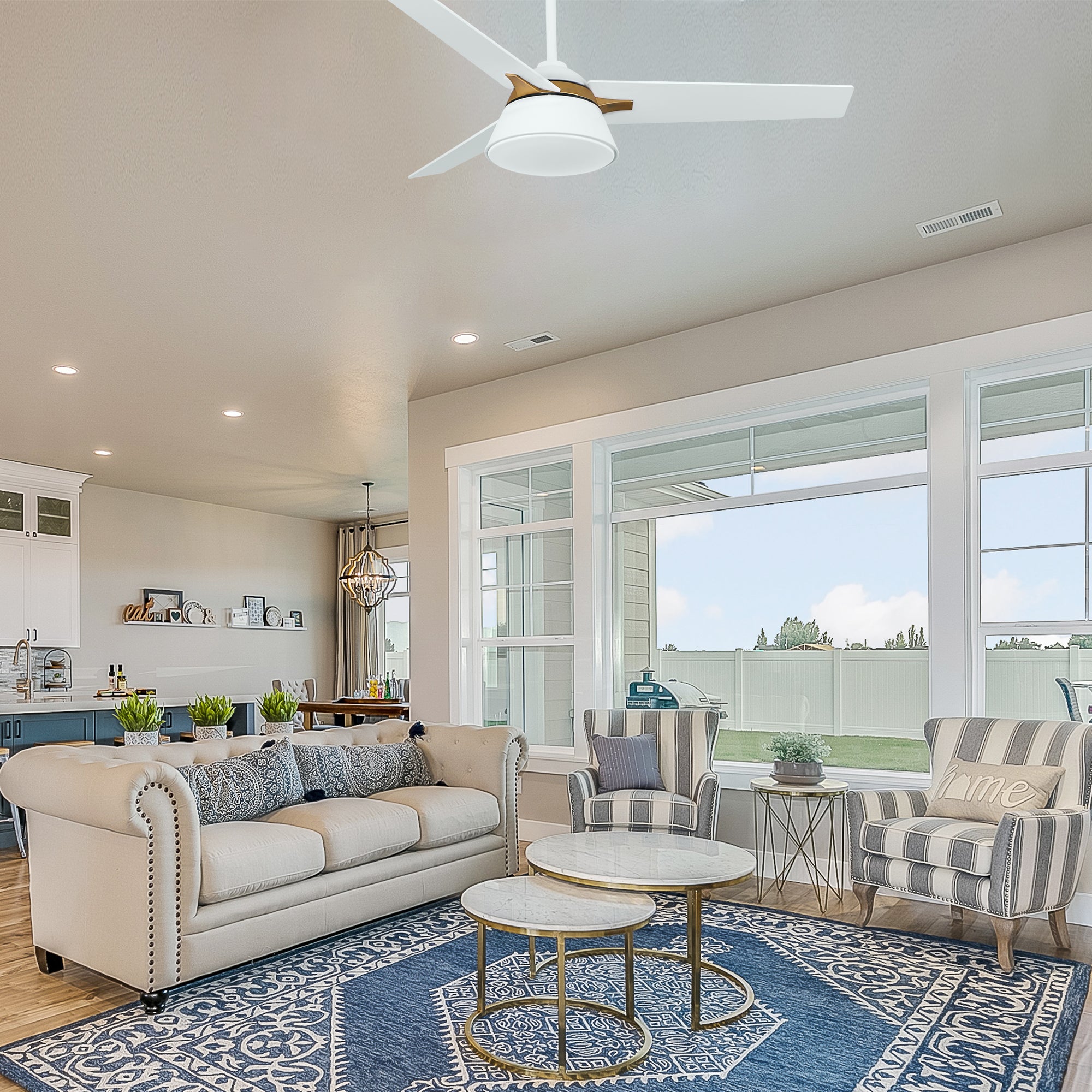 This Smafan Lismore 48" Ceiling Fan designed with long squared blades in a black finish, elegant gold accents, and a flushed light cover, the Smafan Lismore 48” ceiling fan is sure to elevate any room in your home.