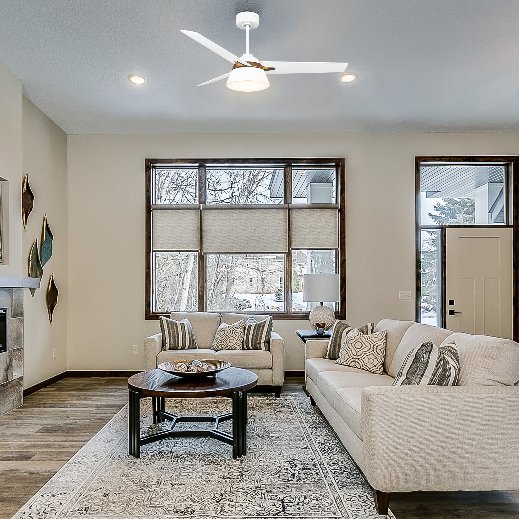 This Smafan Lismore 48" Ceiling Fan designed with long squared blades in a black finish, elegant gold accents, and a flushed light cover, the Smafan Lismore 48” ceiling fan is sure to elevate any room in your home.