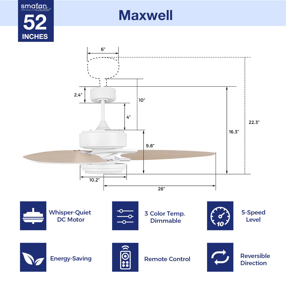 The Maxwell 52” ceiling fan has arrived to make all other traditional ceiling fans obsolete. The fan features a stylish exterior to add a touch of grace to your indoor home and an advanced interior to deliver optimal cooling and lighting.