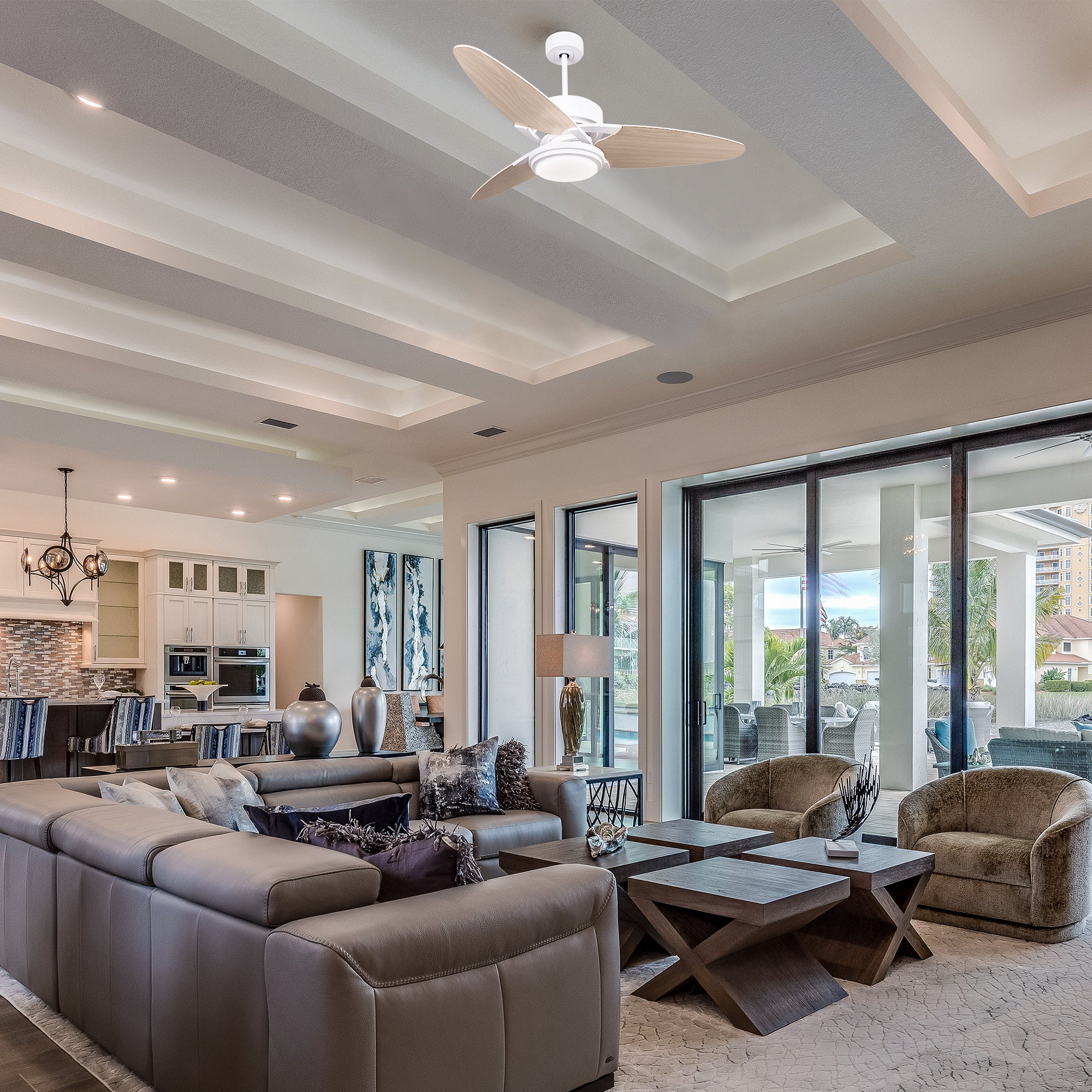 The Maxwell 52” ceiling fan has arrived to make all other traditional ceiling fans obsolete. The fan features a stylish exterior to add a touch of grace to your indoor home and an advanced interior to deliver optimal cooling and lighting.