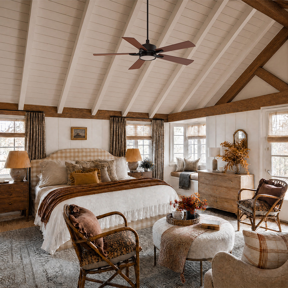 Smafan Apex rustic farmhouse ceiling fan with downrod and light installed on a vaulted beamed ceiling in an autumn-inspired primary bedroom.
