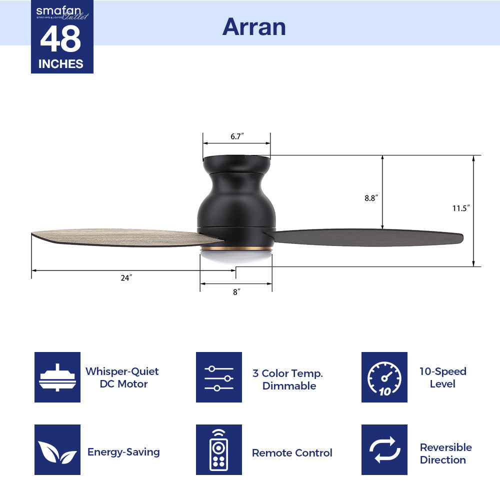 Black flush mounting modern ceiling fan with wood tone blades, featuring with remote control, 10-speed adjustable & reversible dc motor, dimmable light. Hight-performance and energy efficient.