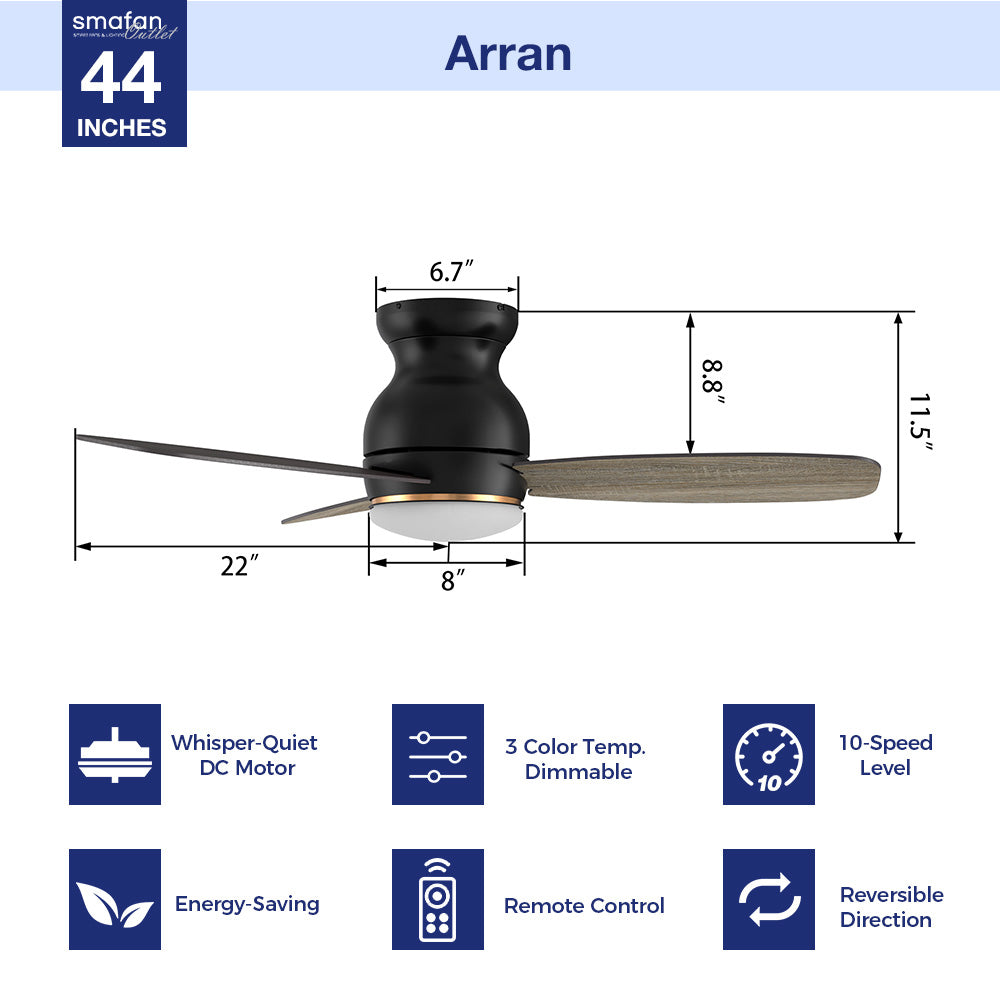 Create the home environment of your dreams with the versatile and powerful Arran 44 /48 /60 inches modern ceiling fan with lights! On the inside, The remote control ceiling fan features advanced motor and lighting technology for energy efficiency and precise control. On the outside, the Arran low profile ceiling fan features a sleek silhouette, elegant blades, and a timeless black or white finish for the ideal fit in any home interior!