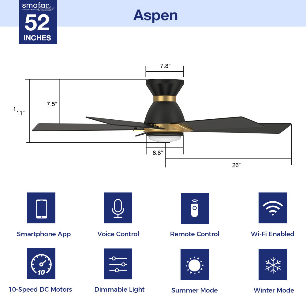 The Aspen flush mount fan features Remote control, Wi-Fi apps, Siri Shortcut and Voice control technology (compatible with Amazon Alexa and Google Home Assistant ) to set fan preferences.
