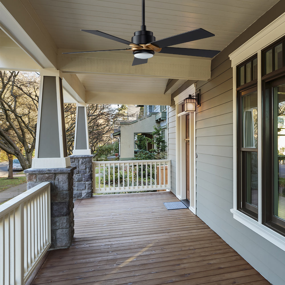 Carro Aspen outdoor ceiling fan with 5 black blades and an extended 6-in rod, Installed in the house proch.