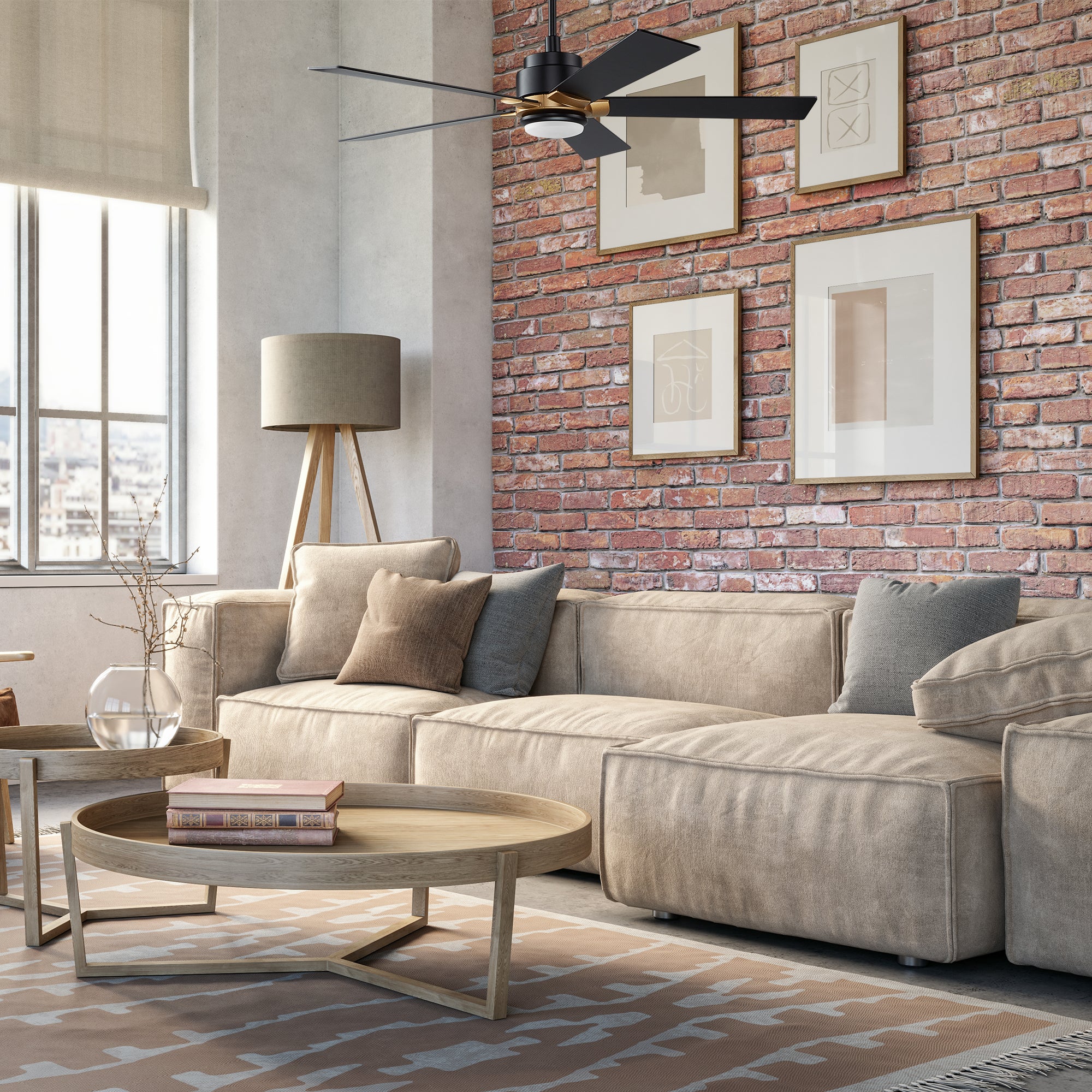 Smafan ASPEN outdoor ceiling fan with black and gold design, and an 6-in extended rod, mounting in a living room.