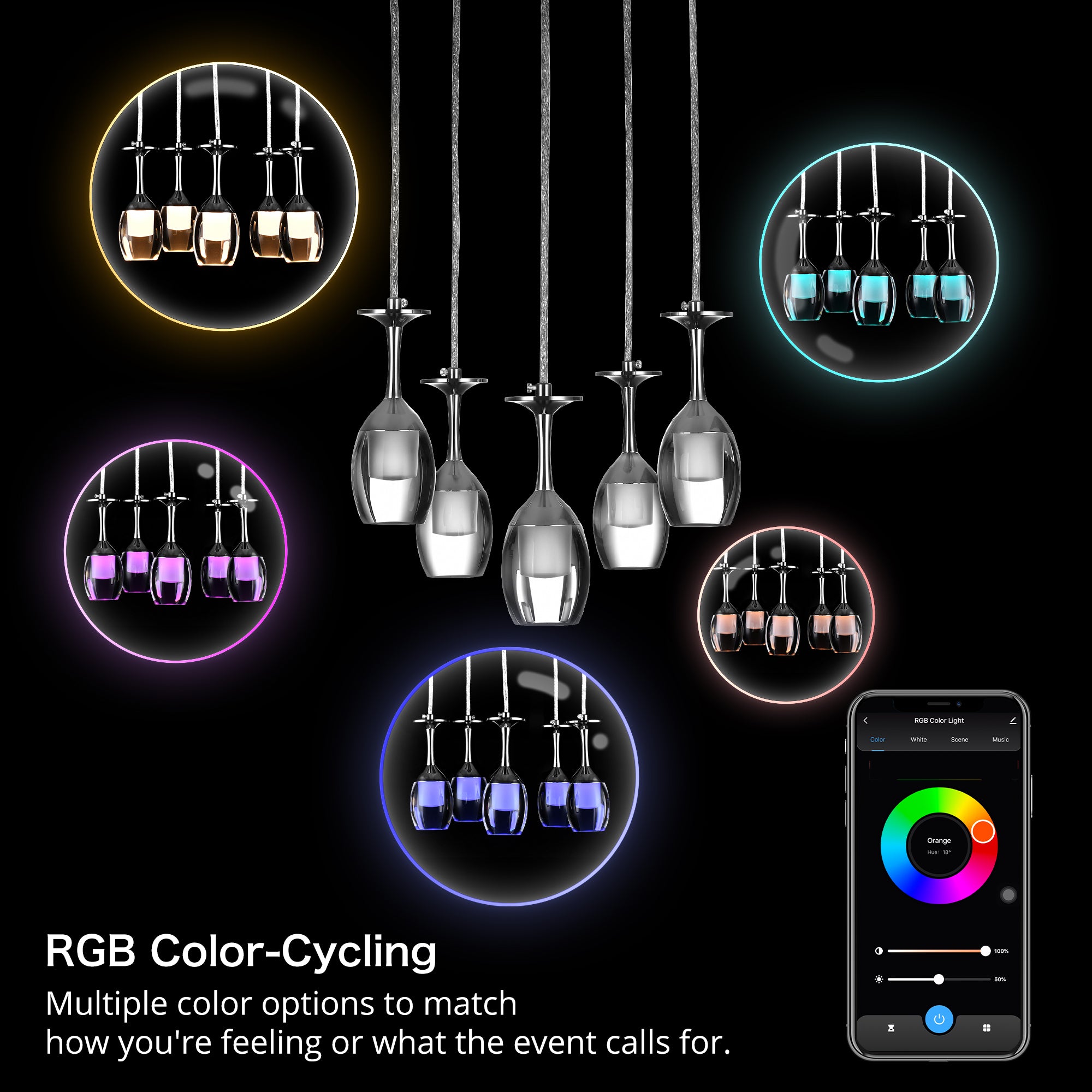 It brings fun light that can be used in every occasion. The pendant light features Wi-Fi apps, Siri Shortcut and Voice control technology (compatible with Amazon Alexa and Google Home Assistant) to set the pendant light dimmable and RGB multicolor. This pendant light can satisfy not only the various color lighting effect settings, but also the more dim color variations that slowly change. The light colors are vivid and bright and dimmable.