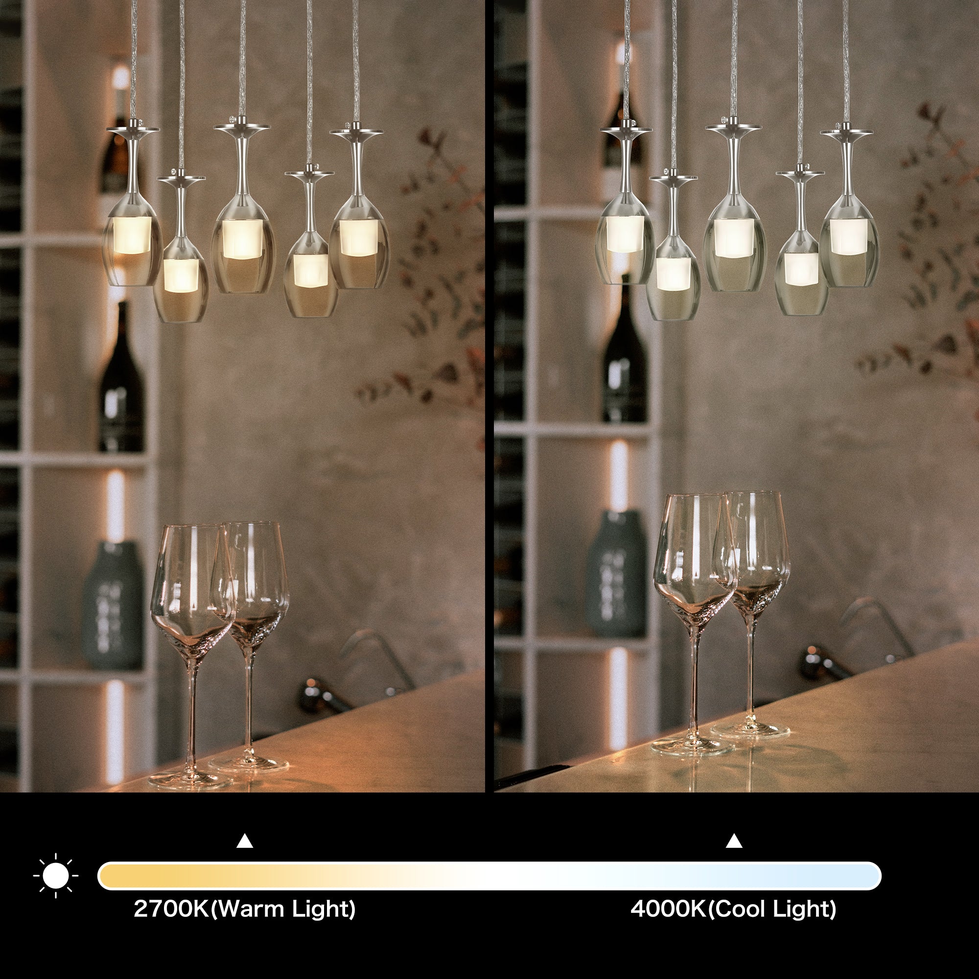 Carro Home Bacchus Smart Pendant Light features a transparent red wine cup shape that creates an eye-catching glow. Bring a touch of glamour to your space with this one-of-a-kind pendant. The five-light chandelier is modern and unique. It&