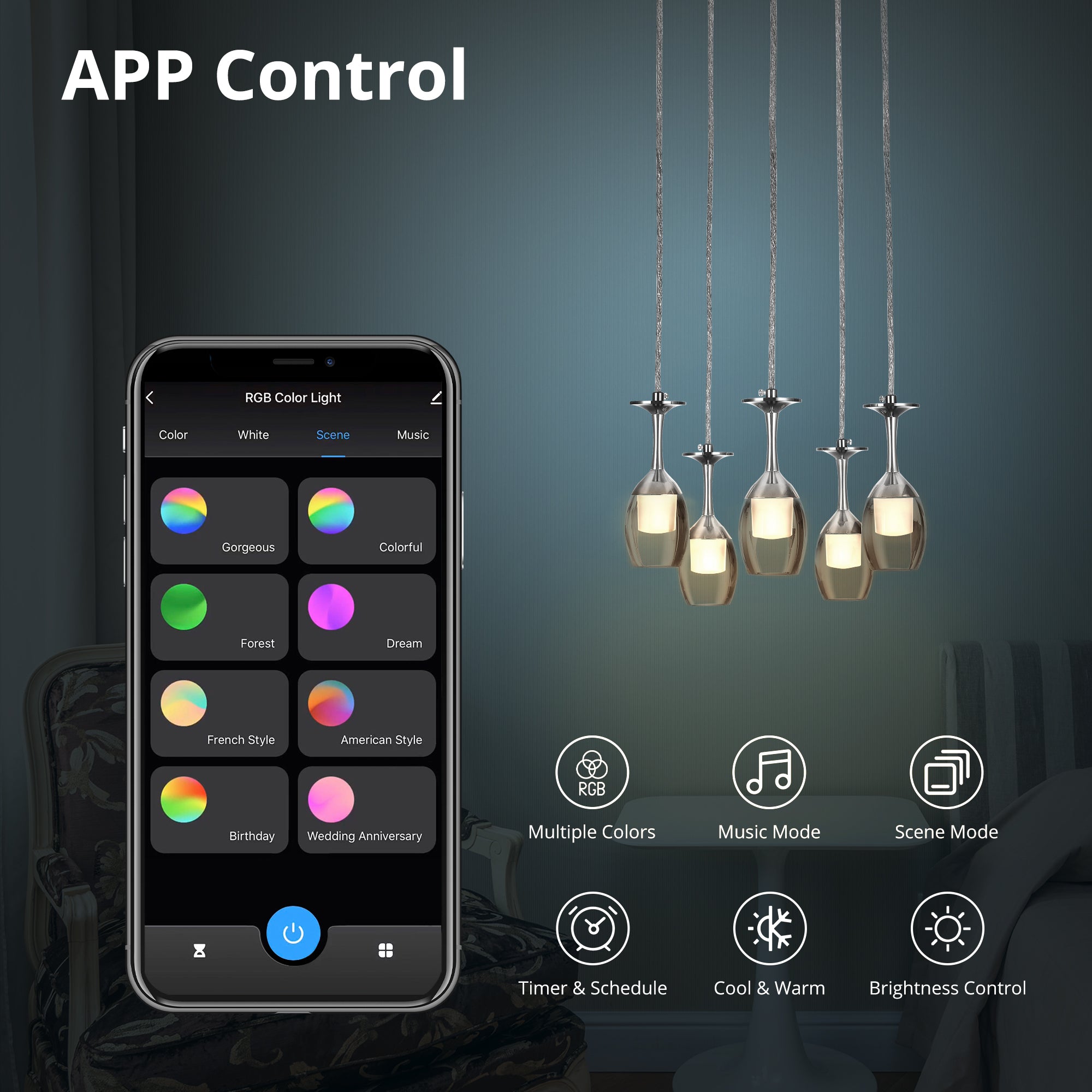 Carro Home Bacchus Smart Pendant Light features a transparent red wine cup shape that creates an eye-catching glow. Bring a touch of glamour to your space with this one-of-a-kind pendant. The five-light chandelier is modern and unique. It&