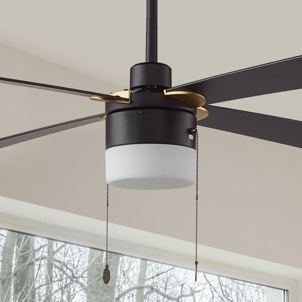 Smafan Carro Alrich 52 inch ceiling fan with pull chain, with 4 medium density fiberboard fan blades, downrod mounted in a modern bedroom.