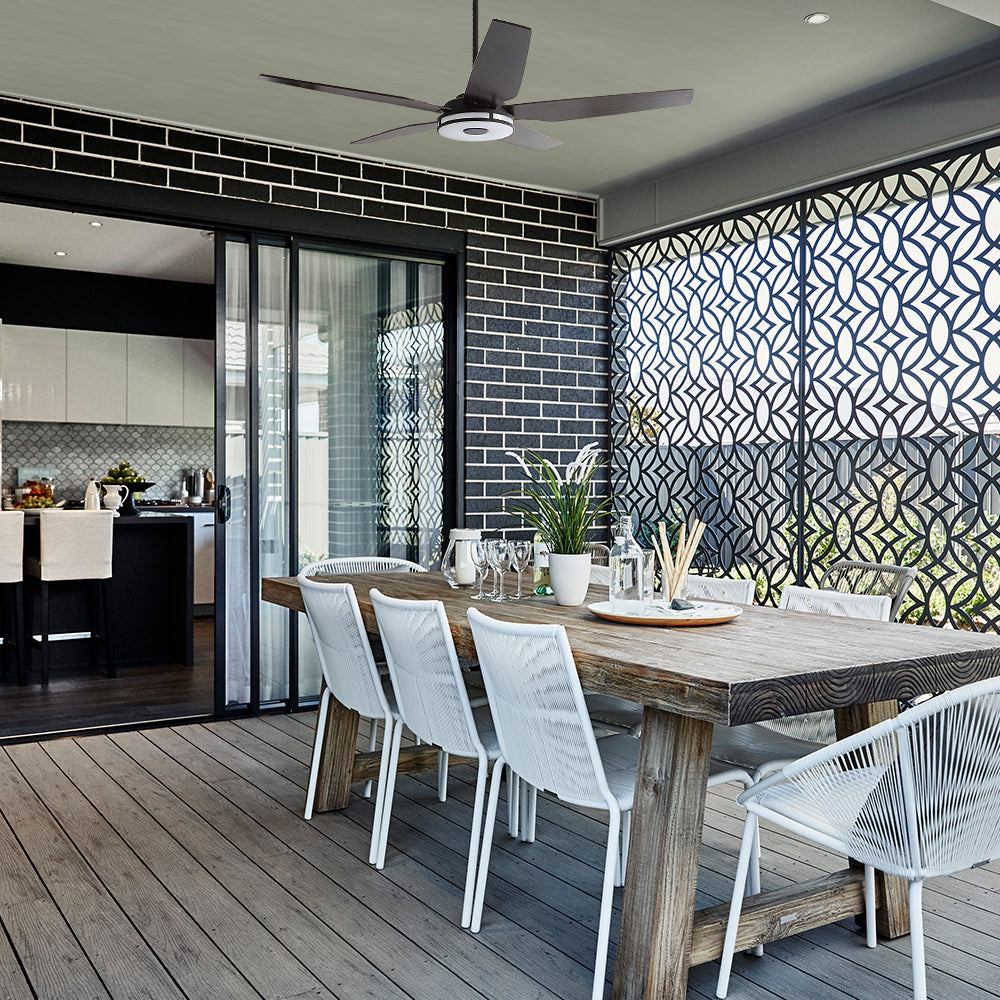 Smafan Carro Explorer 52 inch smart outdoor ceiling fan, 5 dark wood fan blades design, 6/12 inch downrods included, installed in outdoor patio.