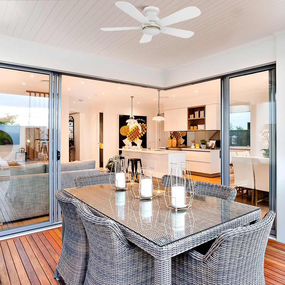 Smafan Carro Kaze 48 inch outdoor ceiling Fan with light kit, 5 white plywood fan blades, low profile design, installed in a outdoor patio.