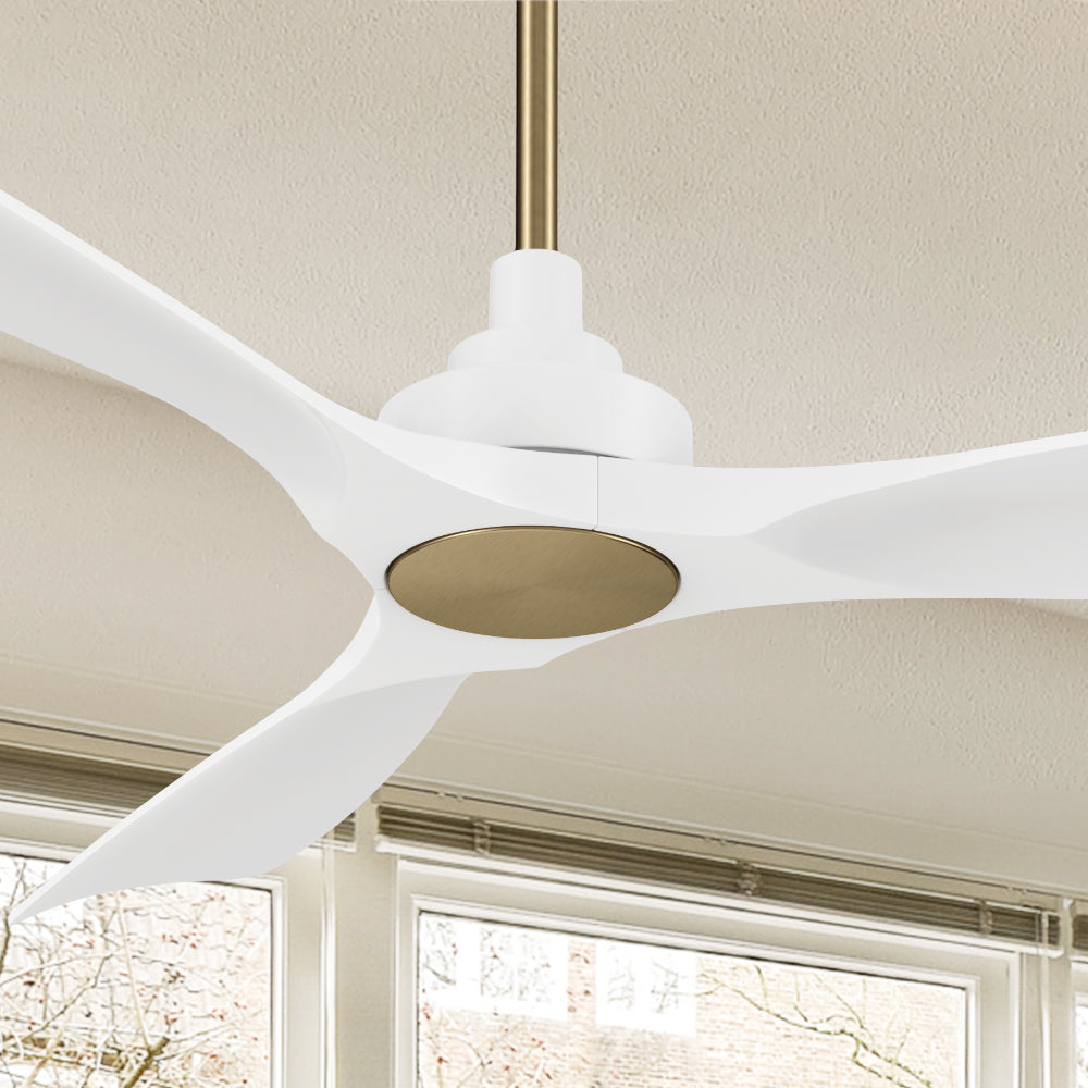 Smafan Carro Kilk 52 inch outdoor alexa fan with 3 white blades and gold motor design, downrod mounted in covered outdoor patio.