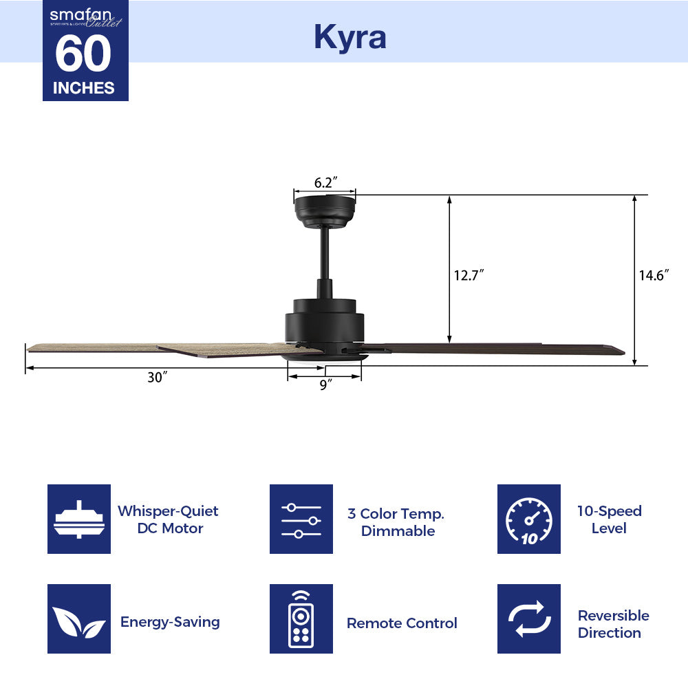 This Kyra 60" ceiling fan keeps your space cool, bright, and stylish. It is a soft modern masterpiece perfect for your large indoor living spaces. This ceiling fan is a simplicity designing with Black finish, use elegant Plywood blades and has an integrated 4000K LED cool light. The fan features Remote control to set fan preferences.