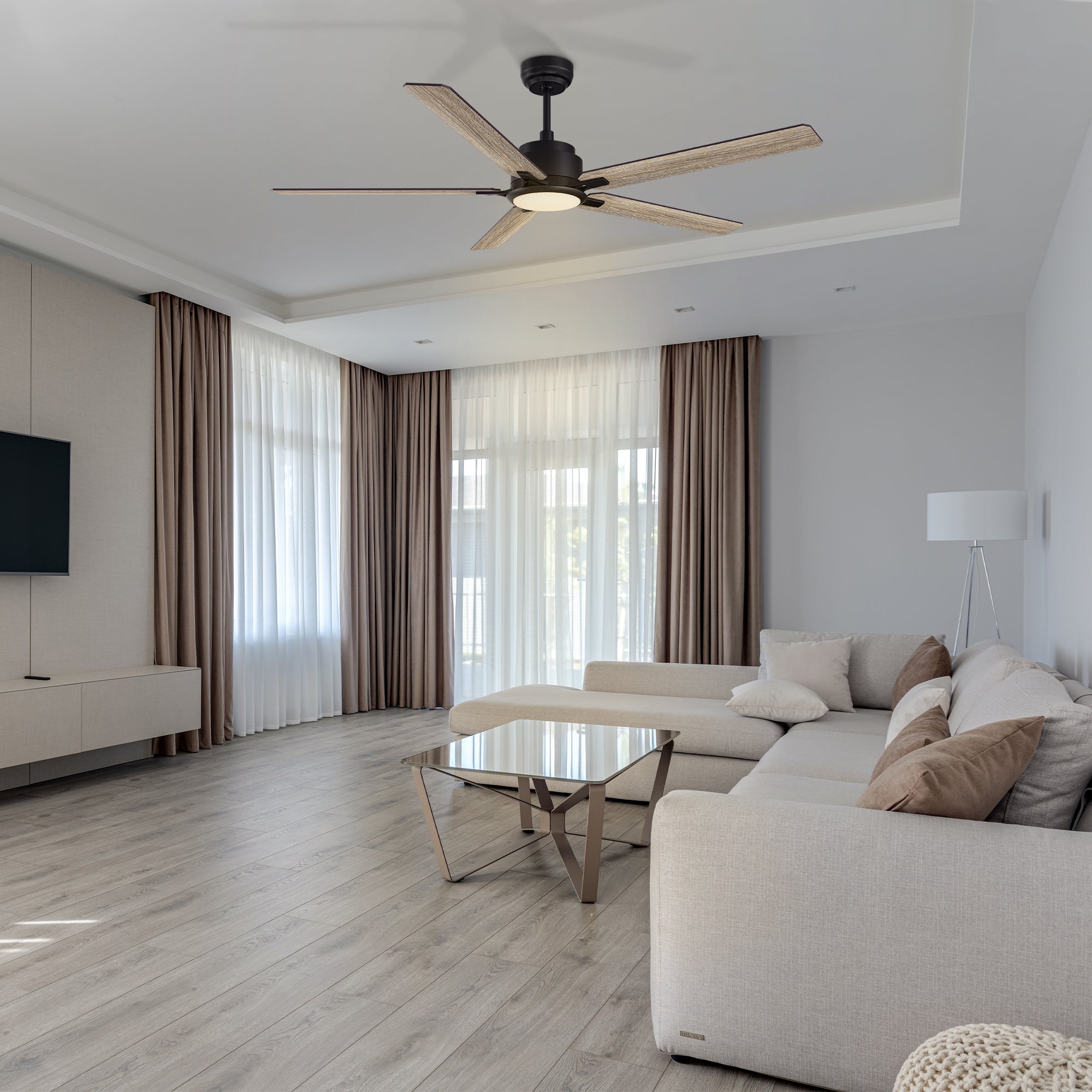 This Kyra 60" ceiling fan keeps your space cool, bright, and stylish. It is a soft modern masterpiece perfect for your large indoor living spaces. This ceiling fan is a simplicity designing with Black finish, use elegant Plywood blades and has an integrated 4000K LED cool light. The fan features Remote control to set fan preferences.