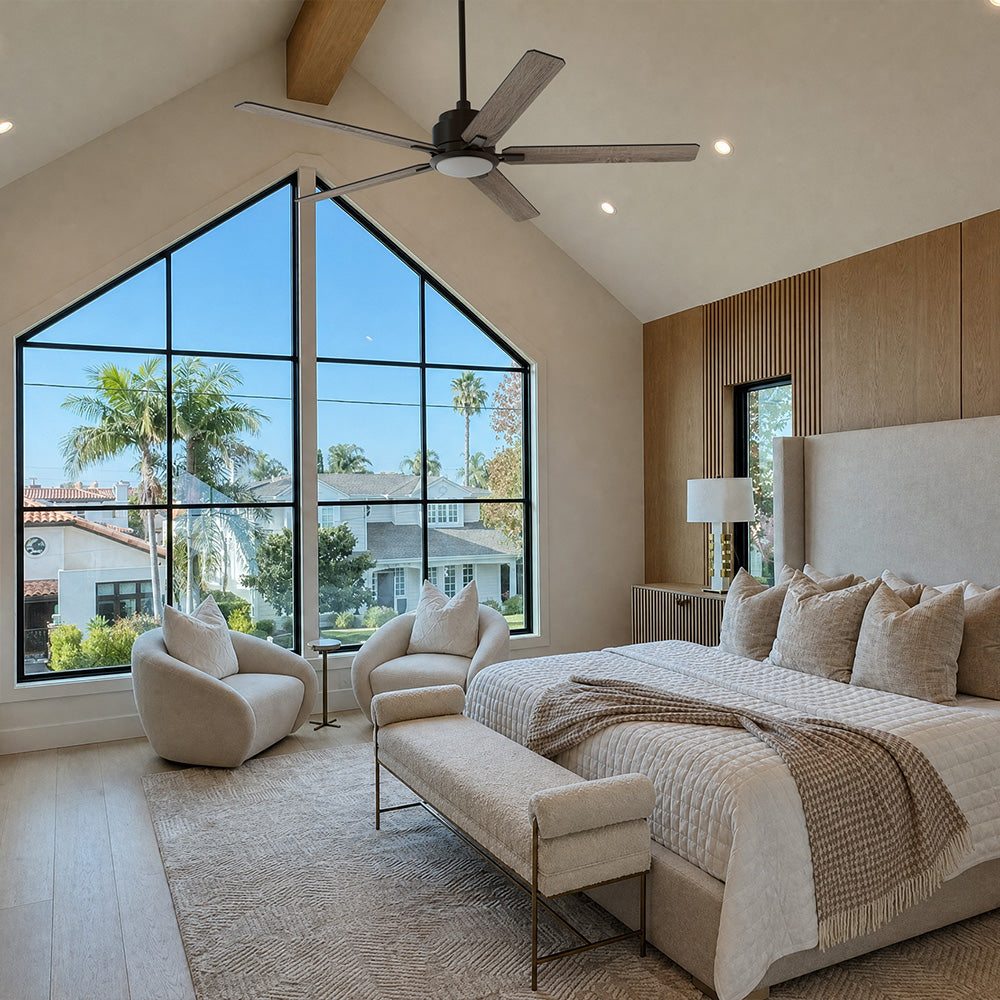 This Kyra 60" ceiling fan keeps your space cool, bright, and stylish. It is a soft modern masterpiece perfect for your large indoor living spaces. This ceiling fan is a simplicity designing with Black finish, use elegant Plywood blades and has an integrated 4000K LED cool light. The fan features Remote control to set fan preferences.