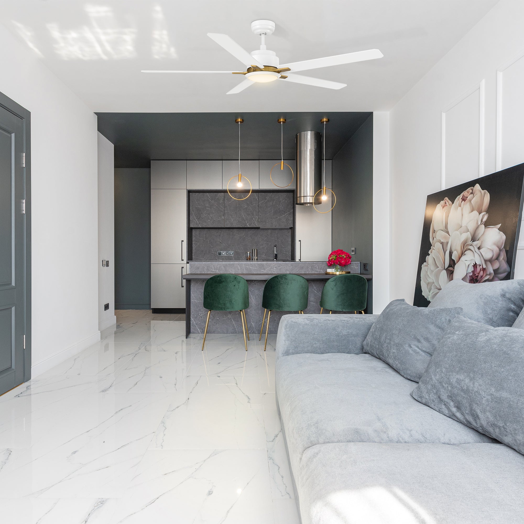 This Kyra 60" ceiling fan keeps your space cool, bright, and stylish. It is a soft modern masterpiece perfect for your large indoor living spaces. This ceiling fan is a simplicity designing with Black finish, use elegant Plywood blades and has an integrated 4000K LED cool light. The fan features Remote control to set fan preferences.