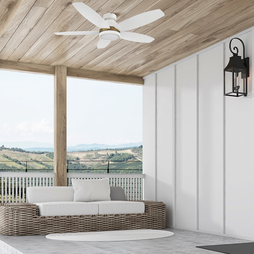 Smafan Carro Levi 48 inch outdoor ceiling Fan with light kit, 5 white plywood fan blades design, flush mount, installed in a house balcony.