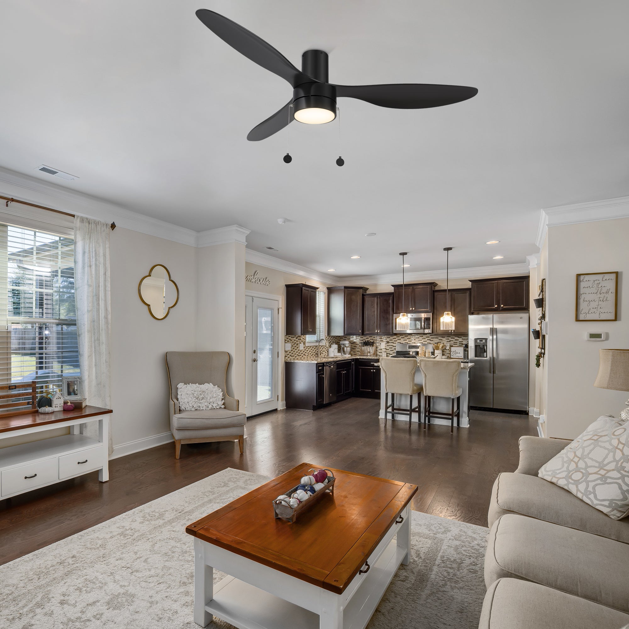The Lorain 52 inch Ceiling Fan with pull chain will keep your living space cool, bright, and stylish. This soft modern masterpiece is perfect for large indoor living spaces. The fan boasts a simple design with a Black finish, very strong ABS blades, and an integrated 4000K LED cool light. Additionally, the fan features pull chain switches that allow you to easily set fan speeds and lighting preferences.