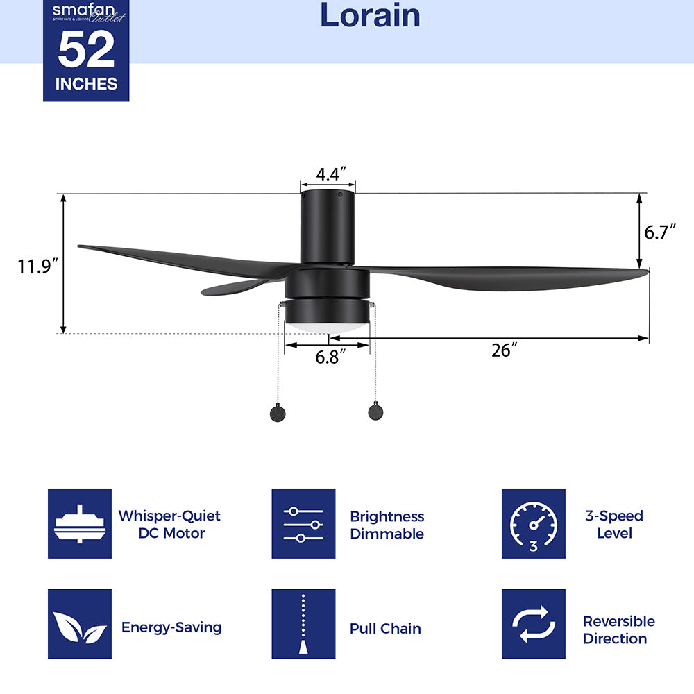 The Lorain 52 inch Ceiling Fan with pull chain will keep your living space cool, bright, and stylish. This soft modern masterpiece is perfect for large indoor living spaces. The fan boasts a simple design with a Black finish, very strong ABS blades, and an integrated 4000K LED cool light. Additionally, the fan features pull chain switches that allow you to easily set fan speeds and lighting preferences.