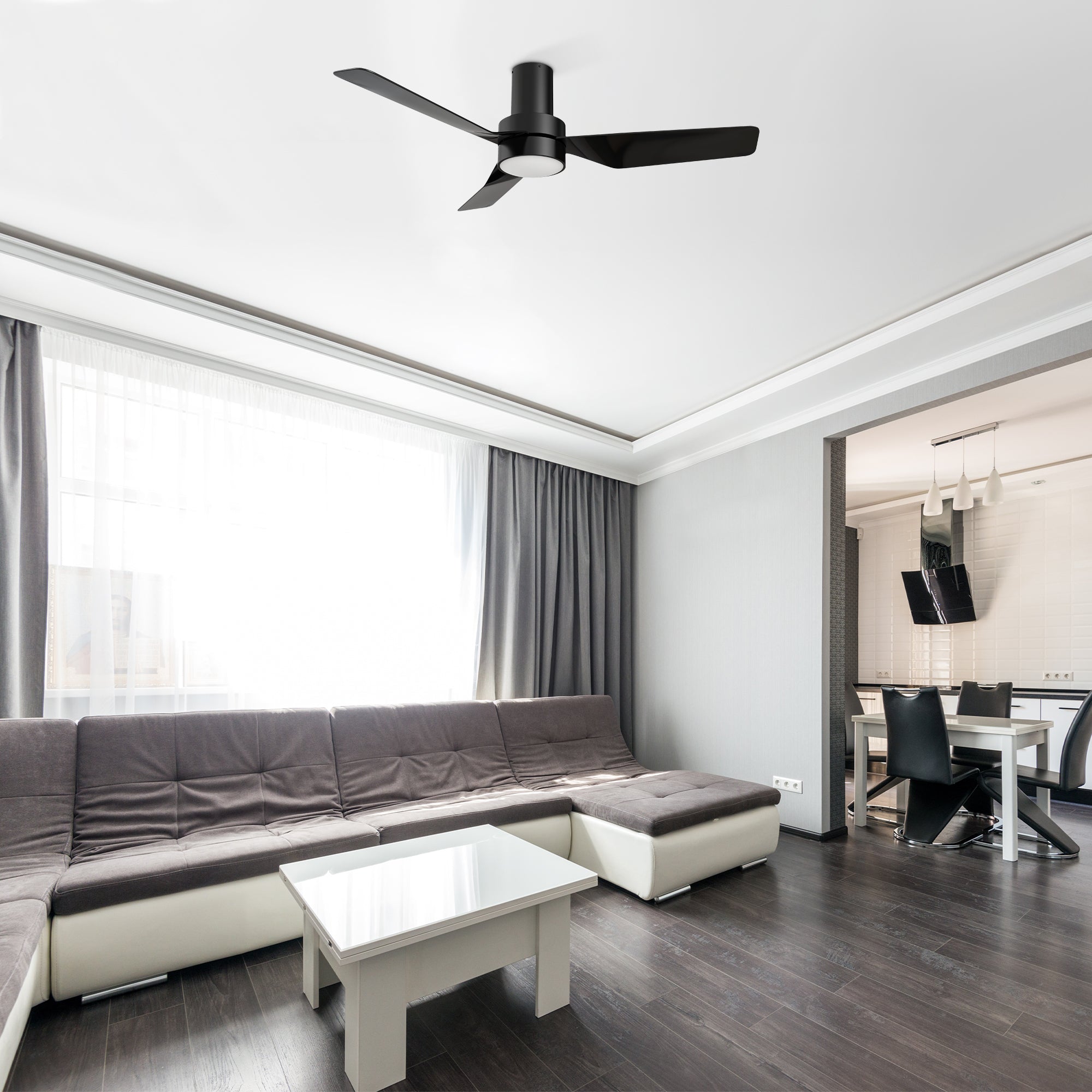 This Smafan Carro Marion 44" ceiling fan keeps your space cool, bright, and stylish. It is a soft modern masterpiece perfect for your indoor living spaces. This ceiling fan is a simplicity designing with Black finish, use very strong ABS blades and has an integrated 4000K LED cool light. The fan features Remote control to set fan preferences.