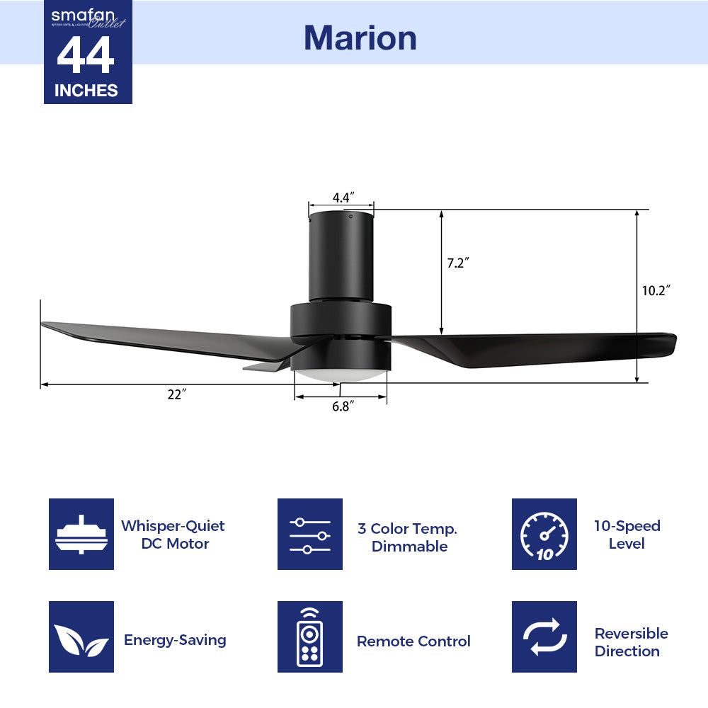 Modern black ceiling fan with dimmable light and whisper-quiet dc motor, featuring with remote controller and 10-speed selection. Design with low-profile, this 44inch also has 3-color temperature light for your choice.