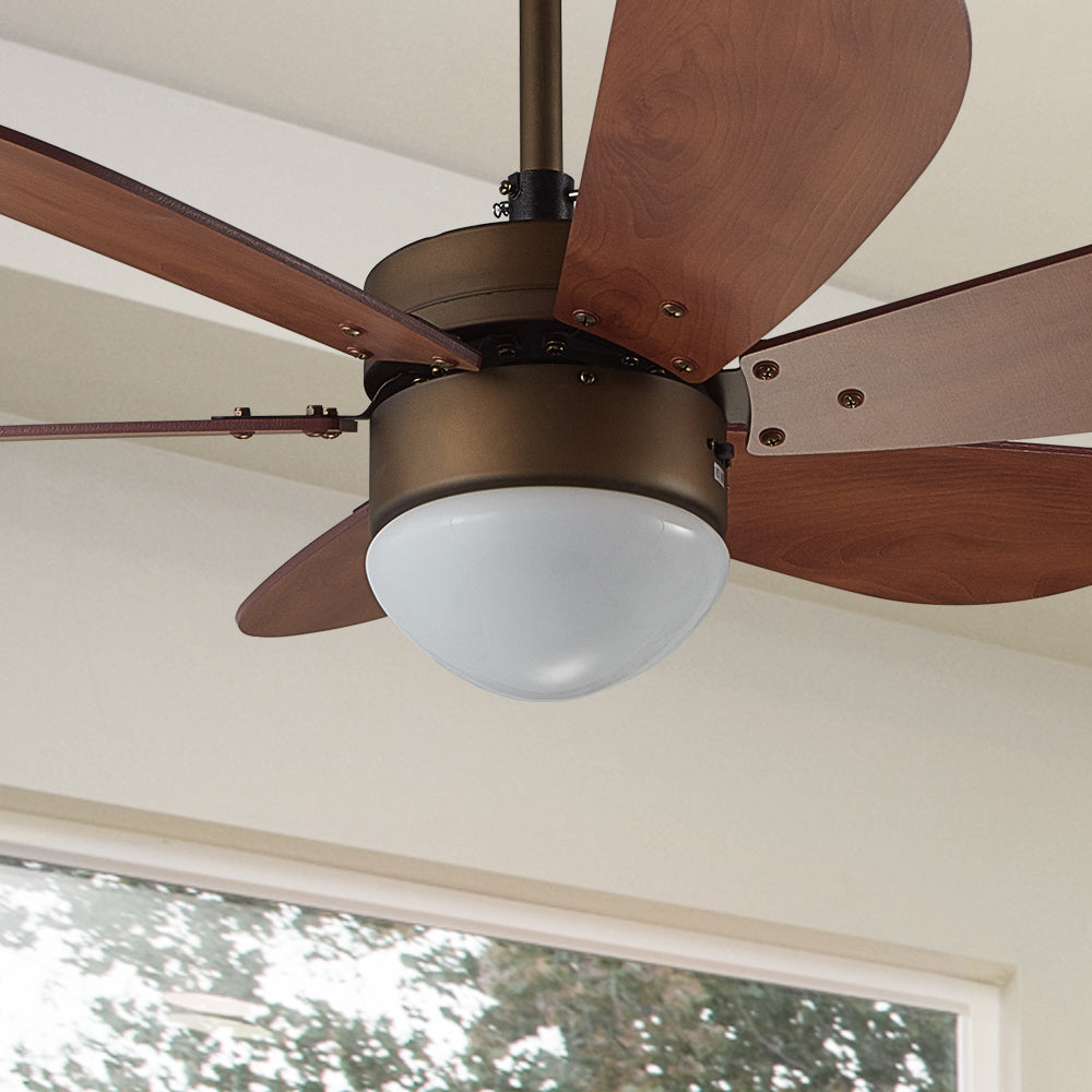 Smafan Carro Minimus 38 inch smart ceiling fan with 6 brown design fan blades, mounting in a bedroom.