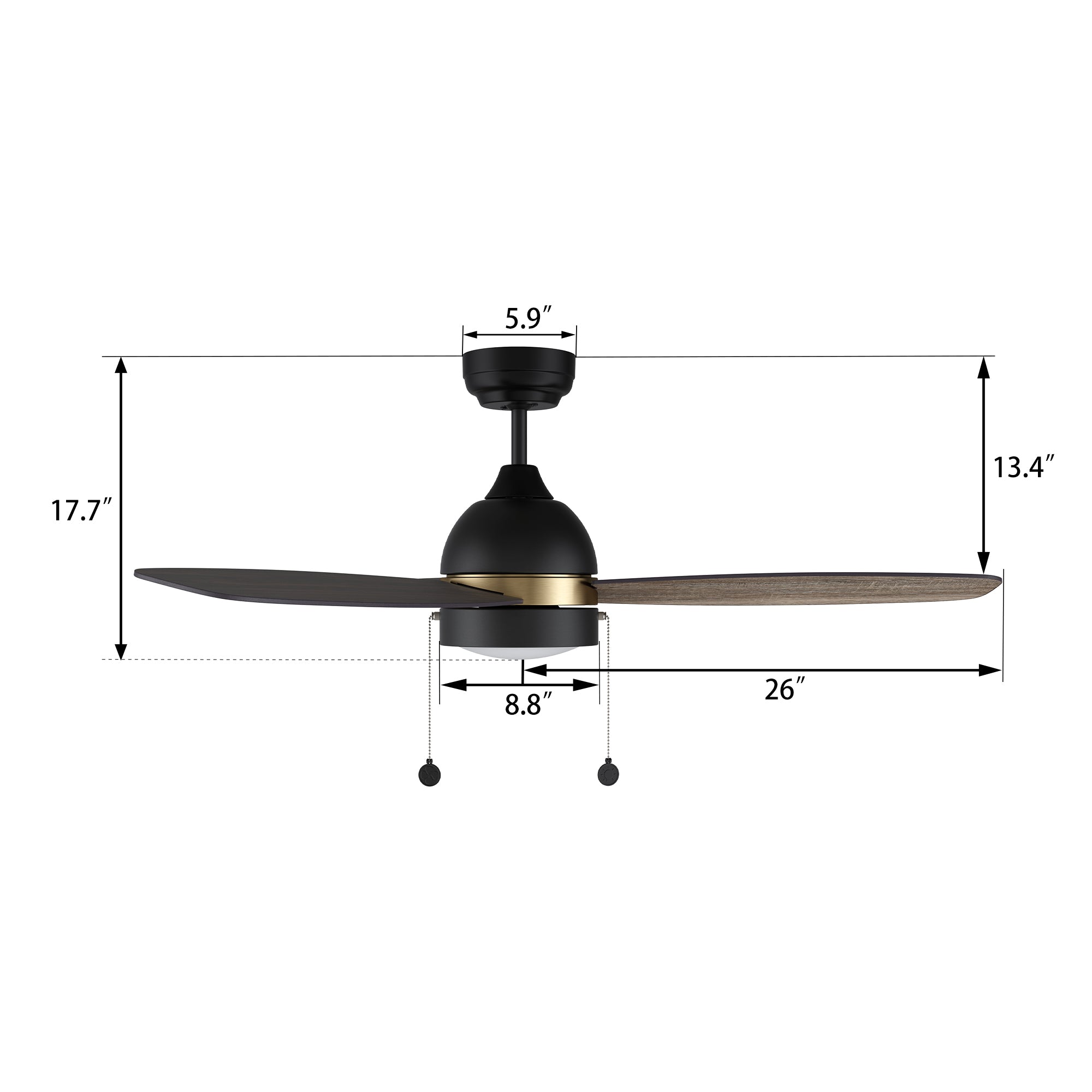 Detail size of Carro flush mount Tesoro 52 inch pull chain ceiling fan with light, indoor use only.